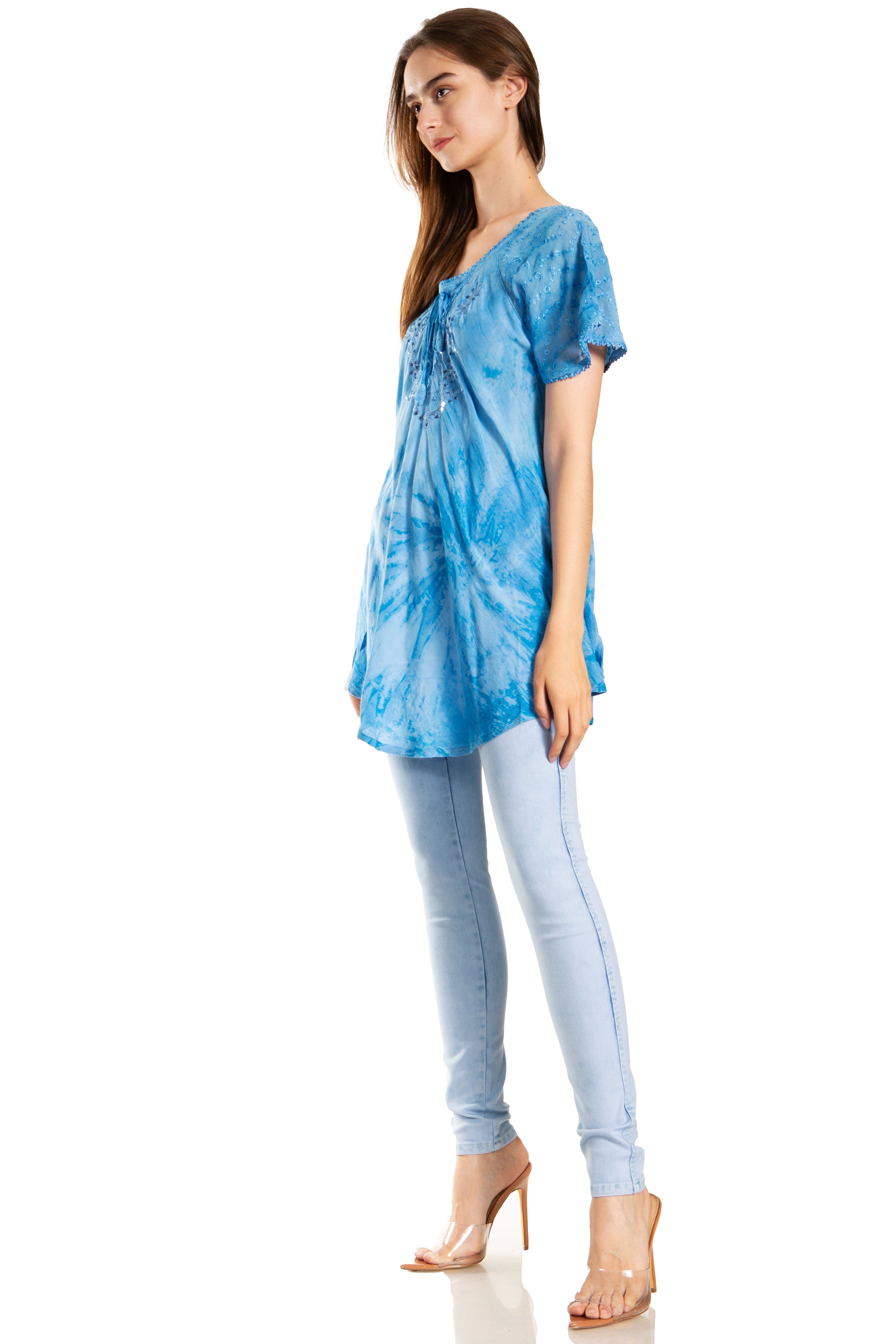 Sakkas - Marzia Loose Fit Short Sleeve Casual Tie Dye Batik Top