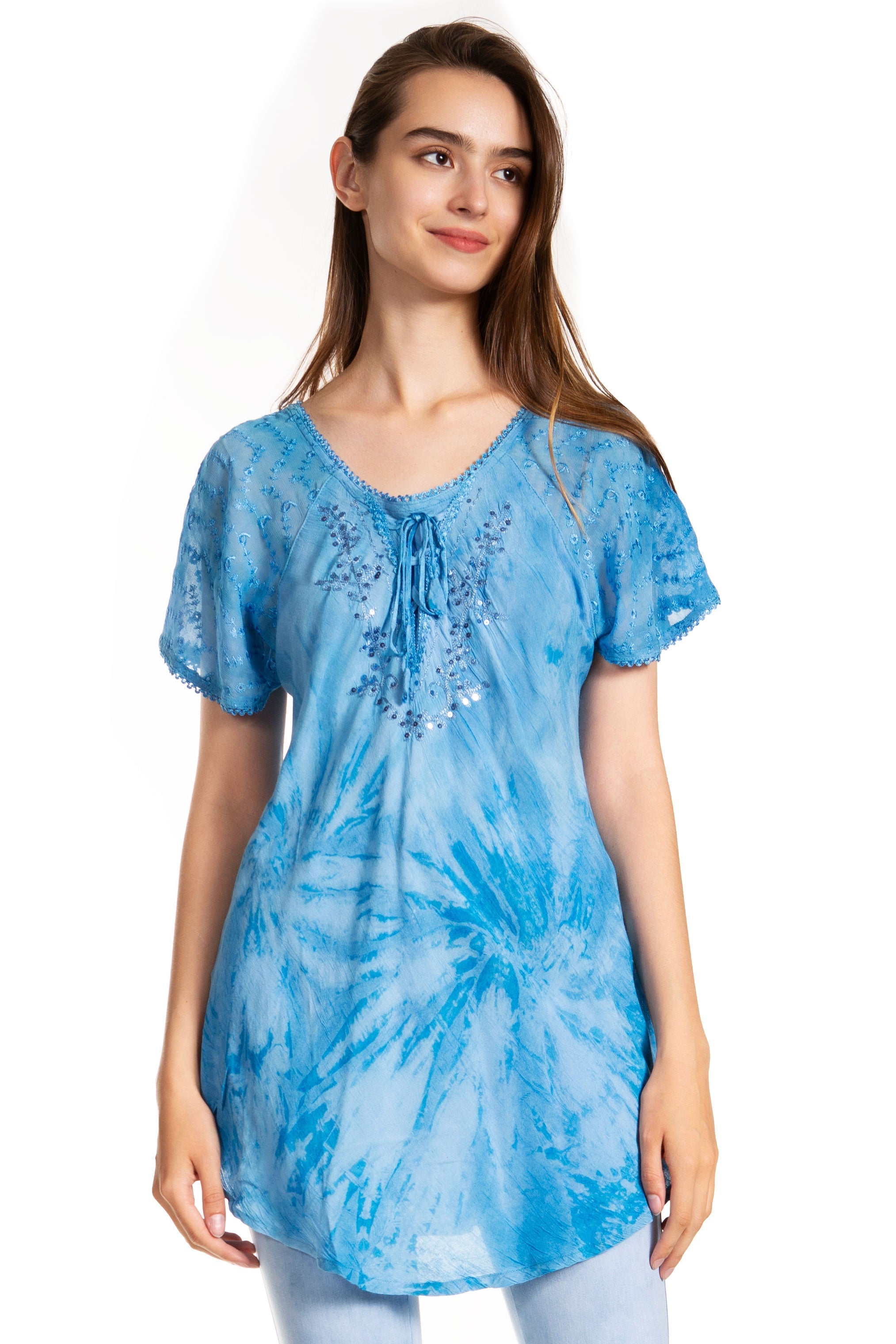 Sakkas - Marzia Loose Fit Short Sleeve Casual Tie Dye Batik Top