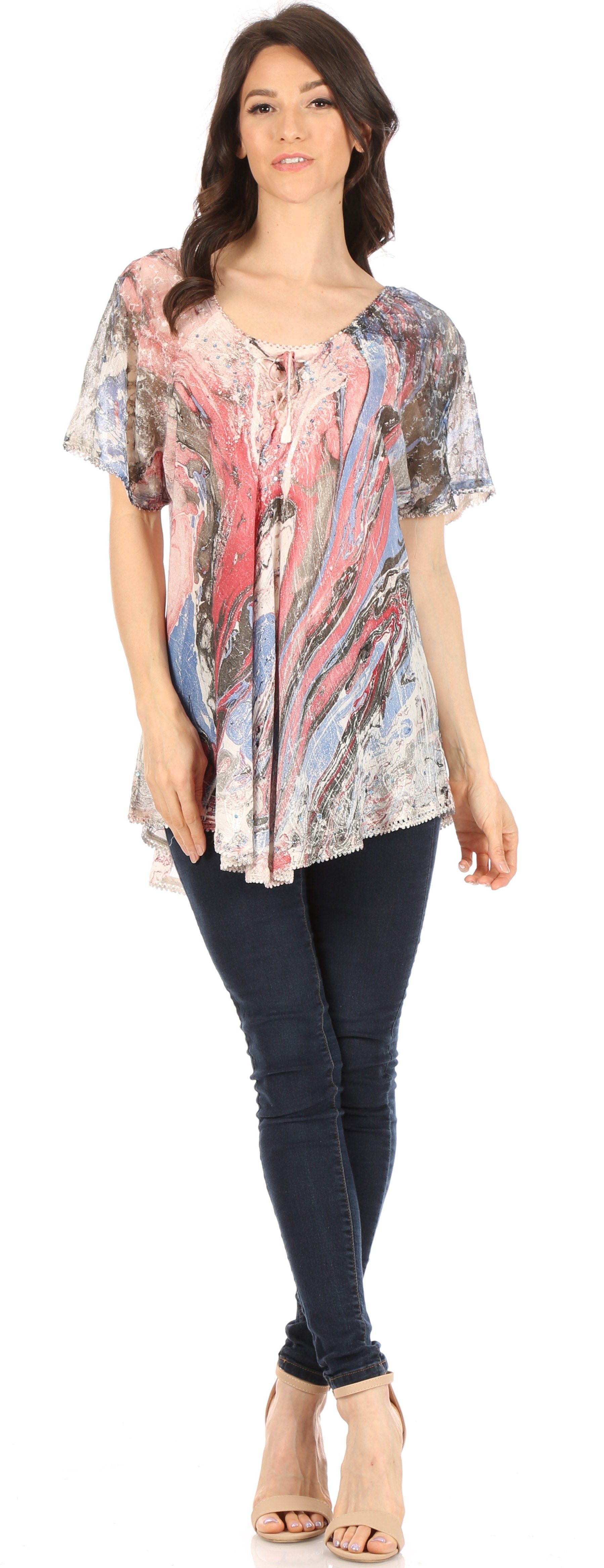 Sakkas - Marzia Loose Fit Short Sleeve Casual Tie Dye Batik Top