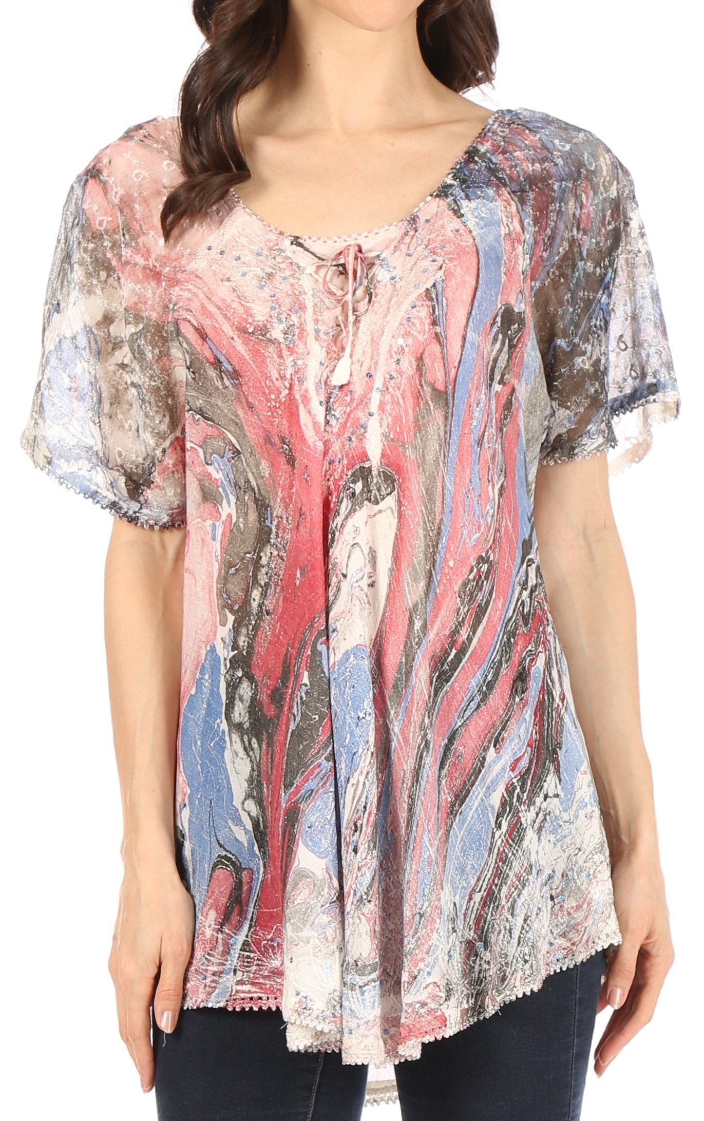 Sakkas - Marzia Loose Fit Short Sleeve Casual Tie Dye Batik Top