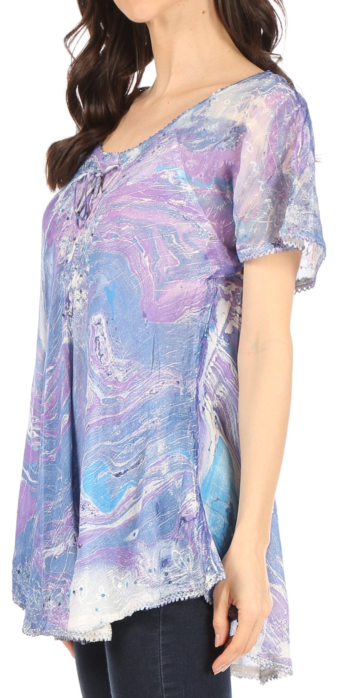 Sakkas - Marzia Loose Fit Short Sleeve Casual Tie Dye Batik Top