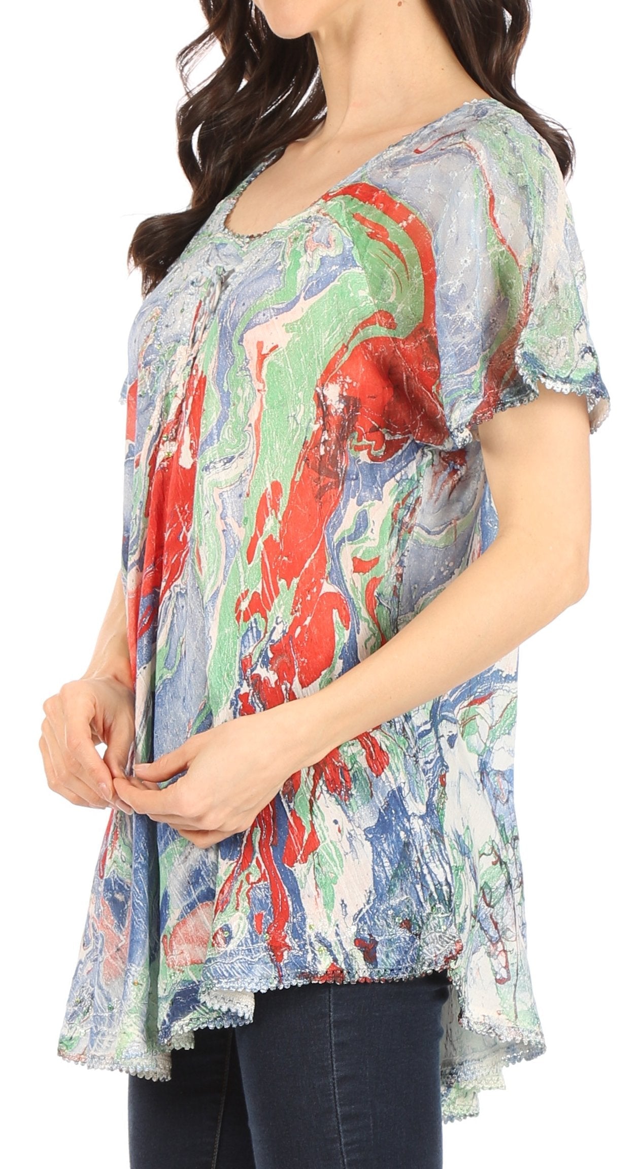Sakkas - Marzia Loose Fit Short Sleeve Casual Tie Dye Batik Top