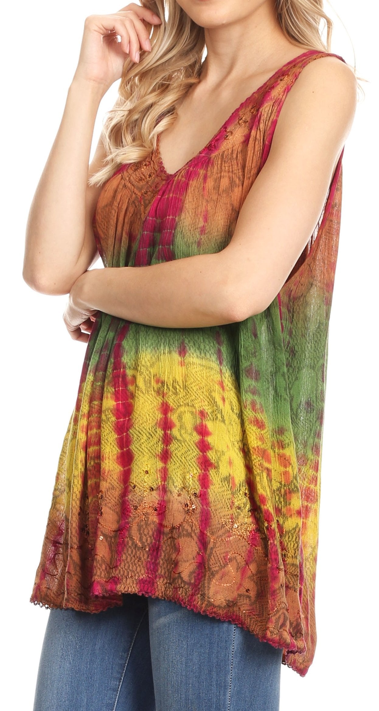 Sakkas - Tie Dye Floral Sequin Sleeveless Blouse