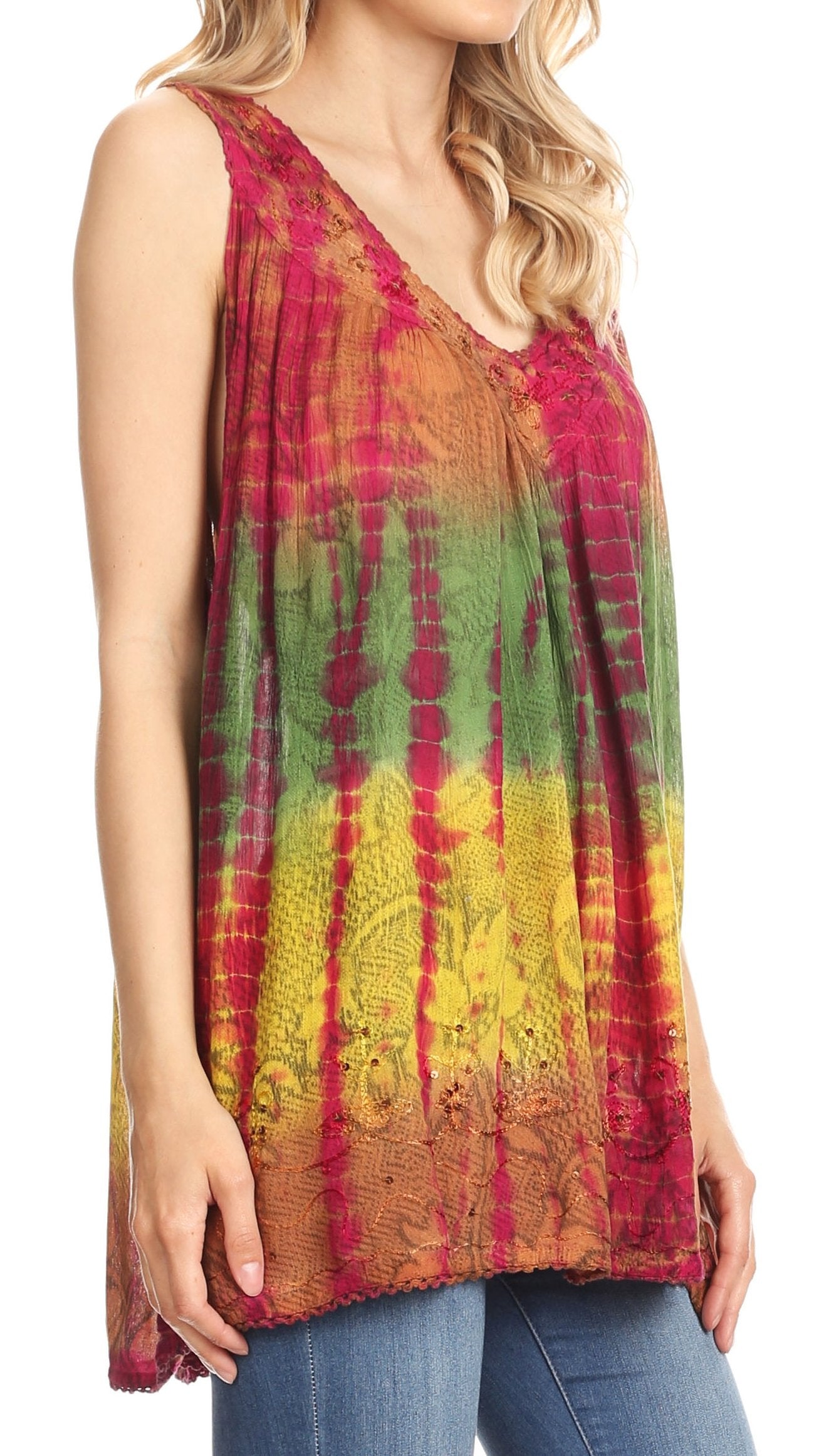 Sakkas - Tie Dye Floral Sequin Sleeveless Blouse