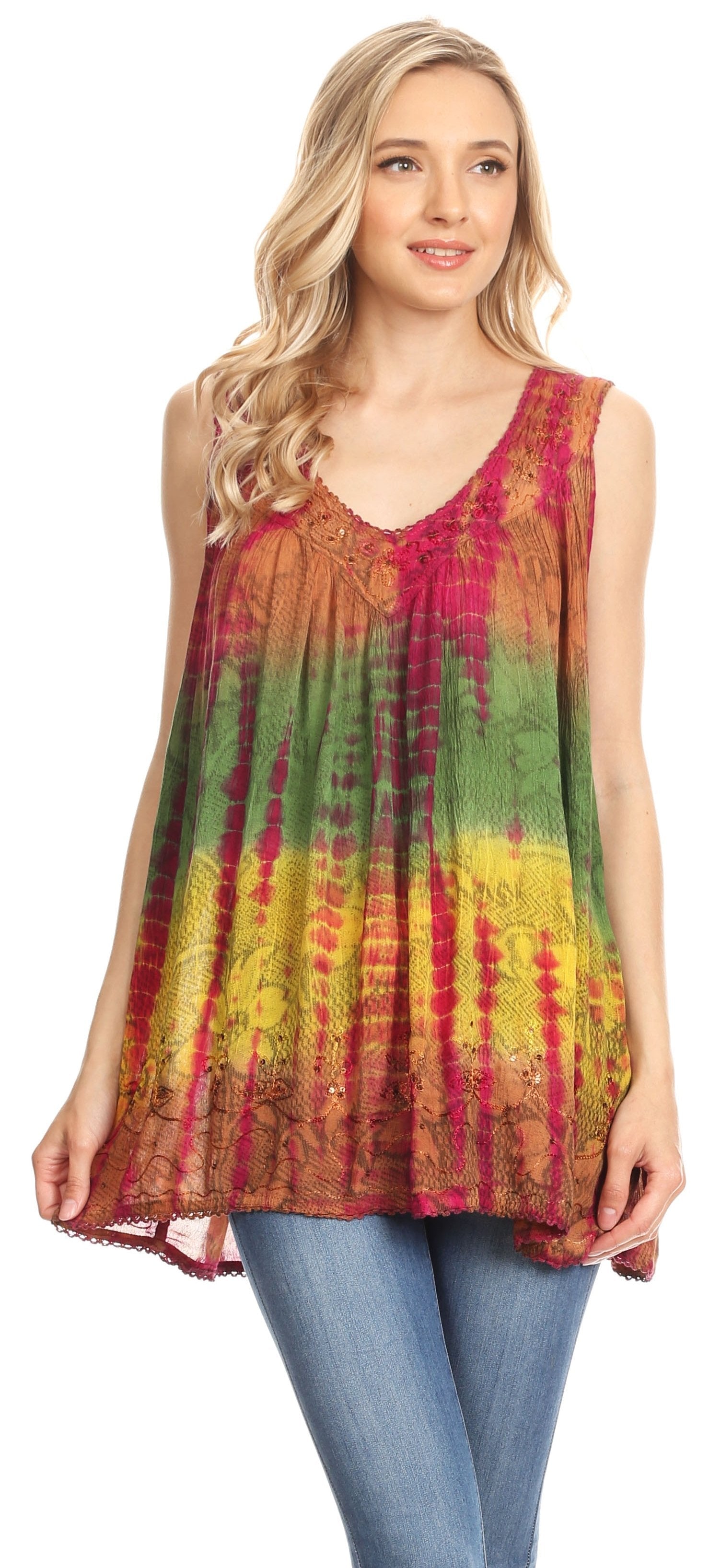 Sakkas - Tie Dye Floral Sequin Sleeveless Blouse
