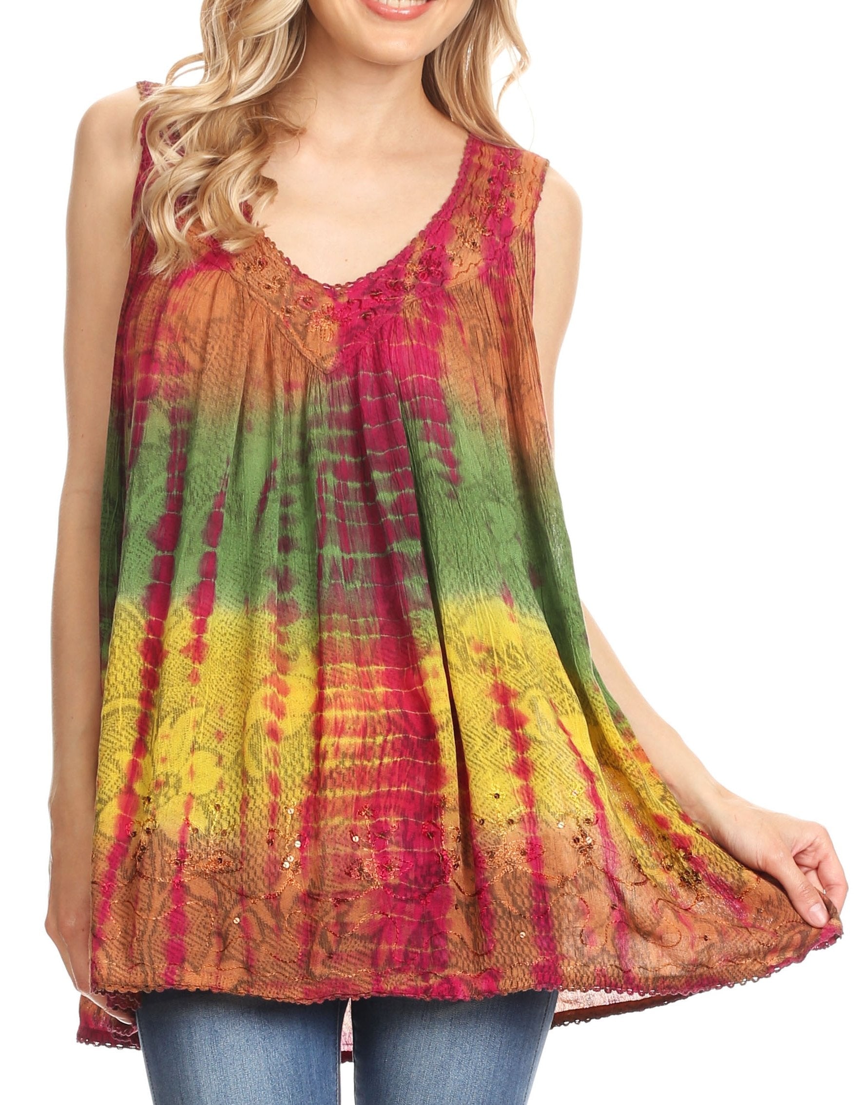 Sakkas - Tie Dye Floral Sequin Sleeveless Blouse