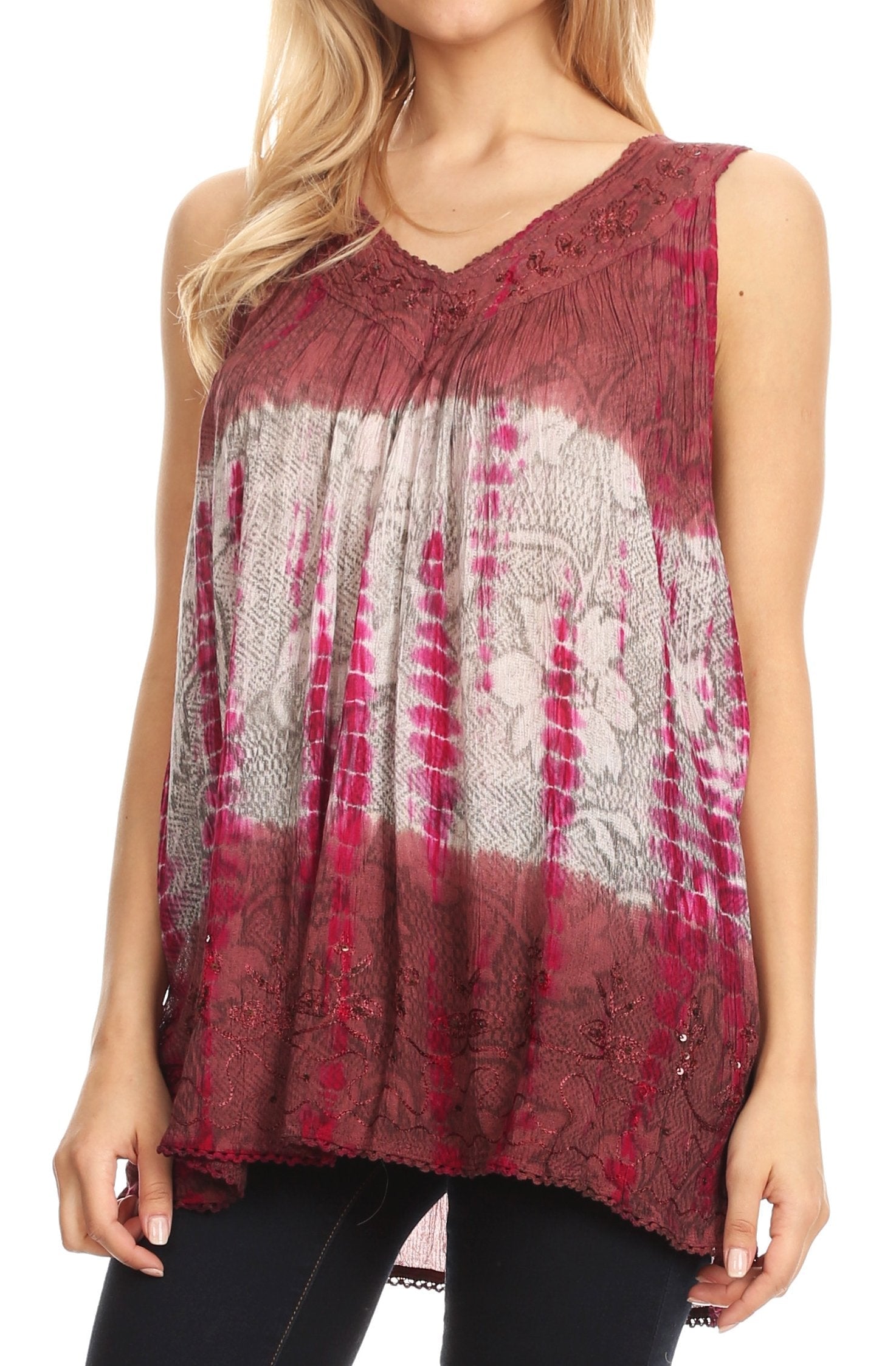 Sakkas - Tie Dye Floral Sequin Sleeveless Blouse