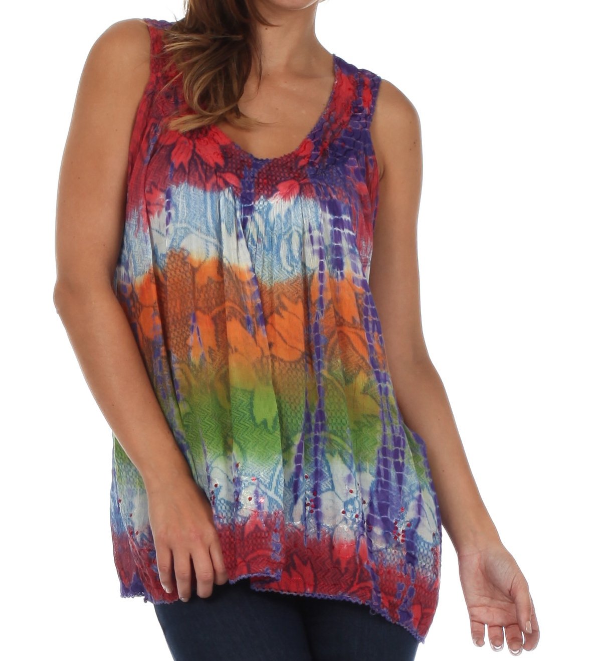 Sakkas - Tie Dye Floral Sequin Sleeveless Blouse