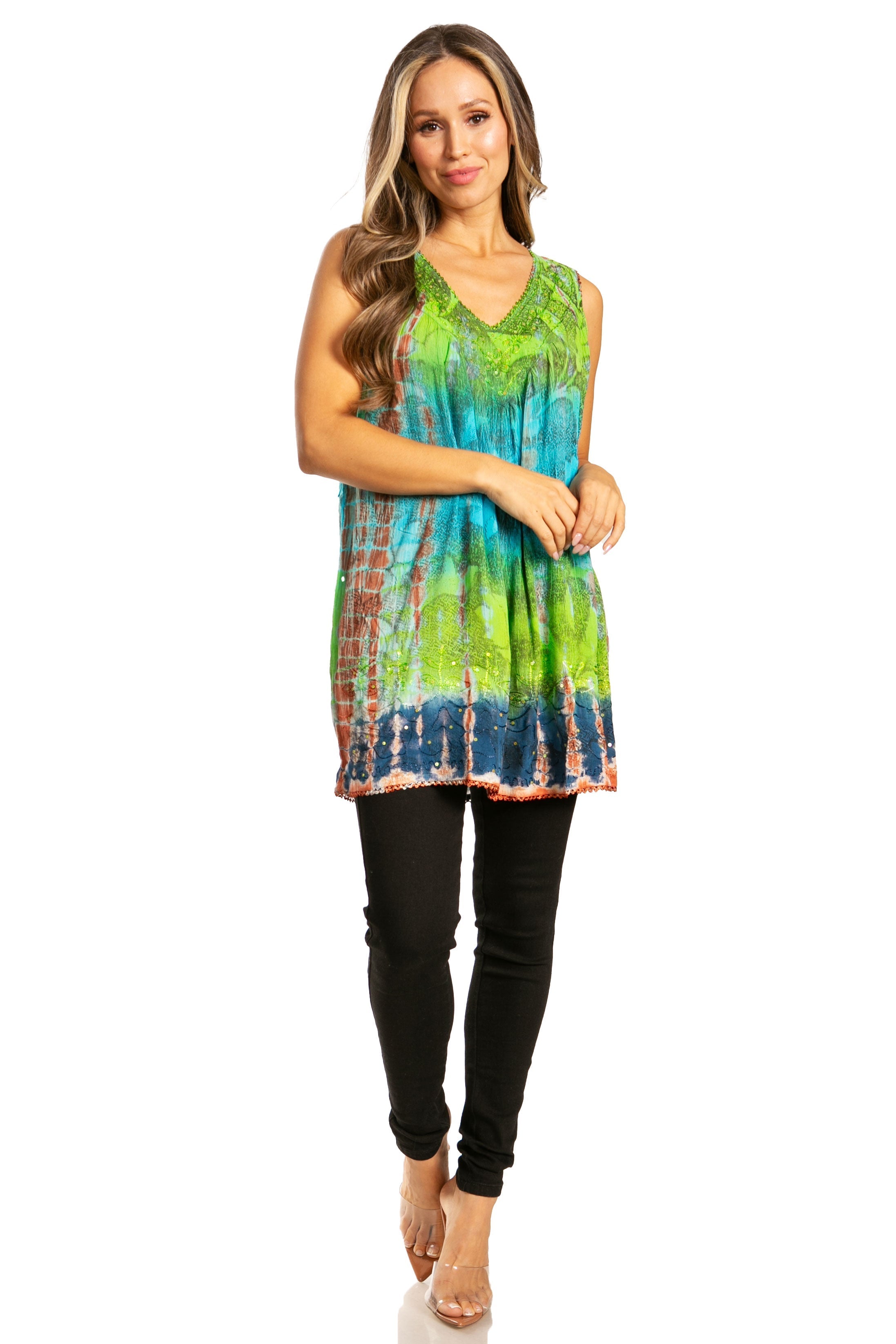 Sakkas - Tie Dye Floral Sequin Sleeveless Blouse