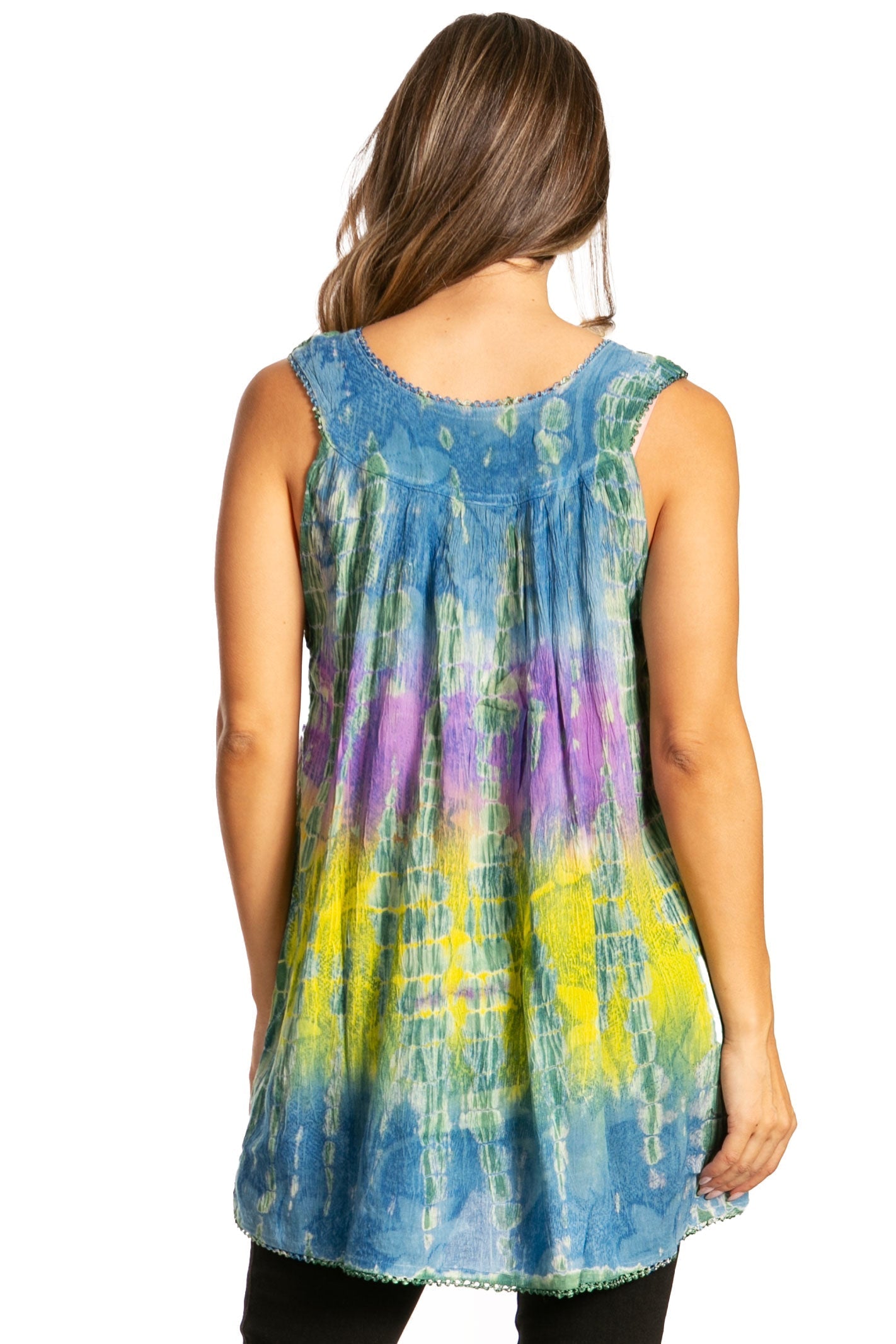 Sakkas - Tie Dye Floral Sequin Sleeveless Blouse