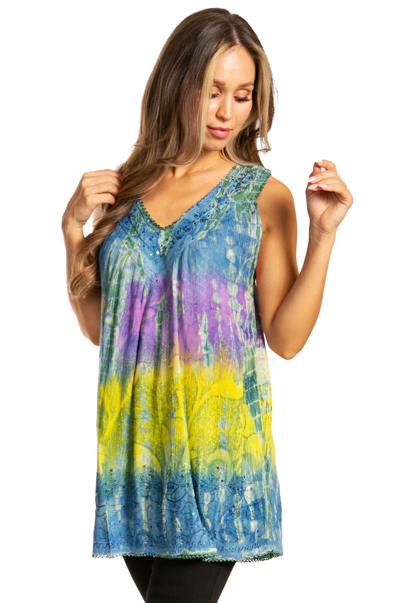 Sakkas - Tie Dye Floral Sequin Sleeveless Blouse