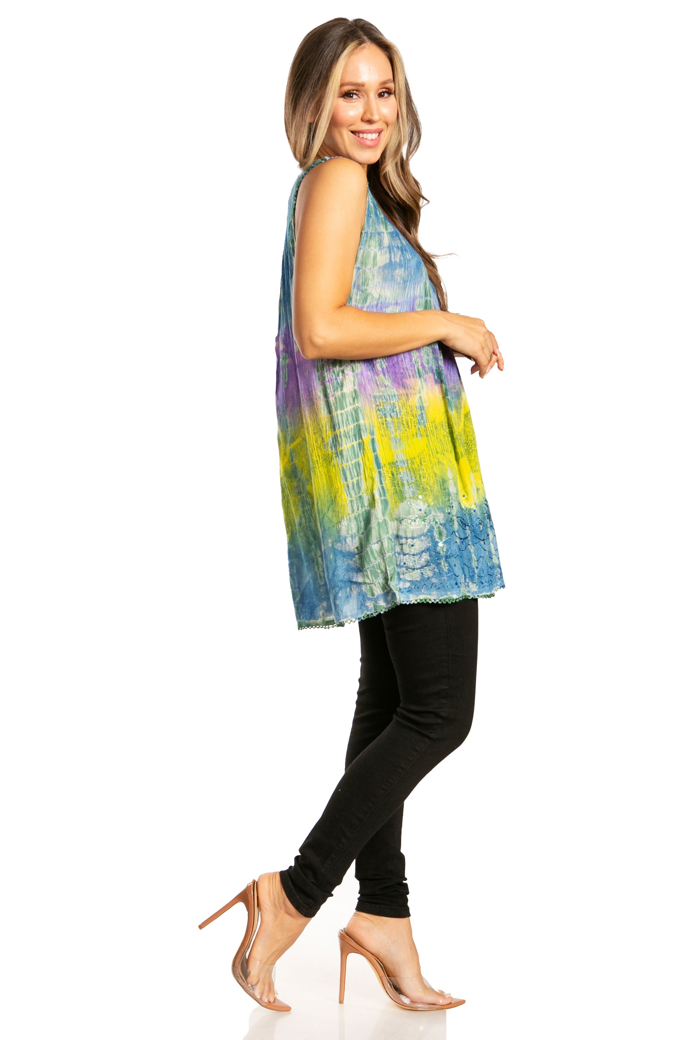 Sakkas - Tie Dye Floral Sequin Sleeveless Blouse