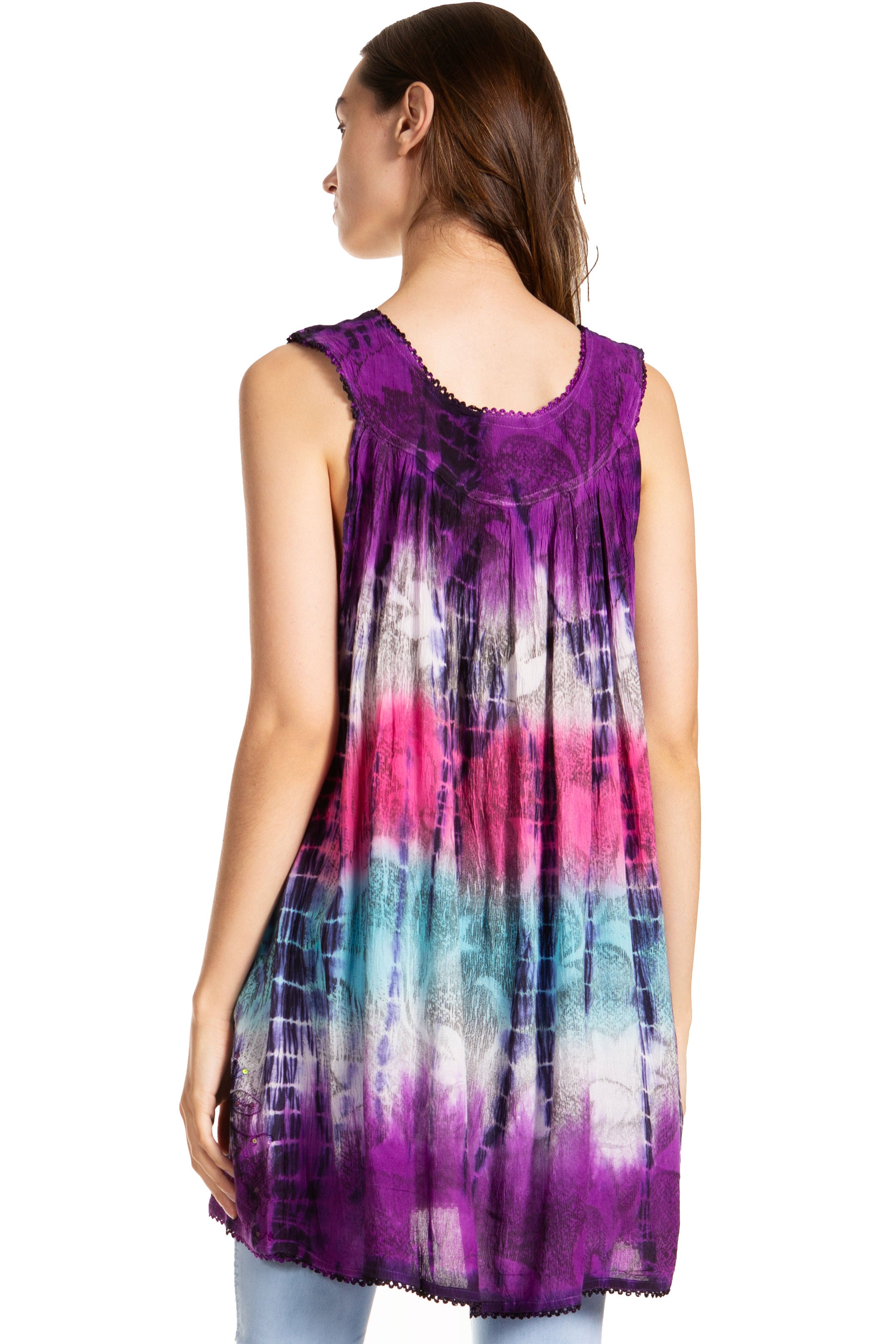 Sakkas - Tie Dye Floral Sequin Sleeveless Blouse