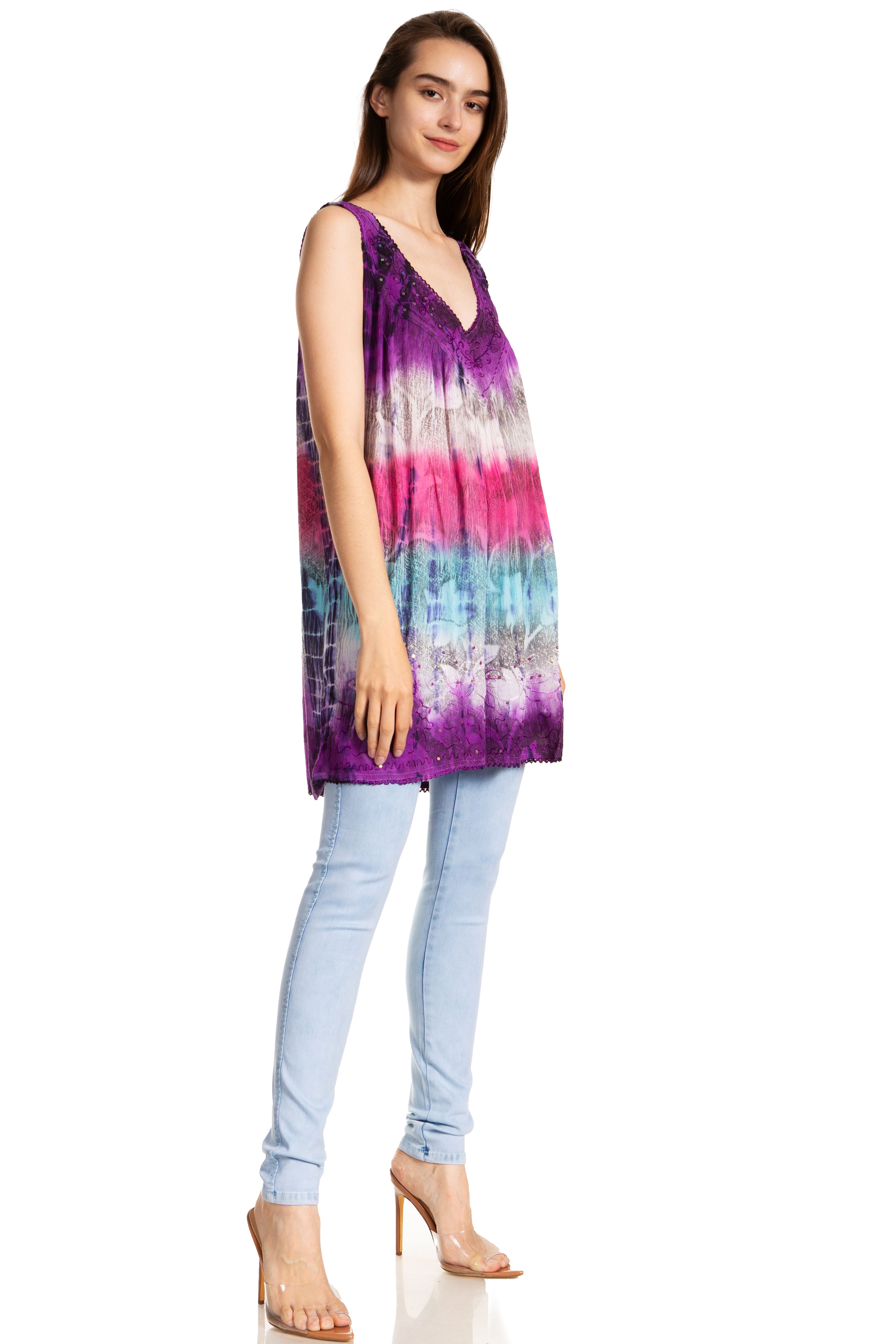 Sakkas - Tie Dye Floral Sequin Sleeveless Blouse