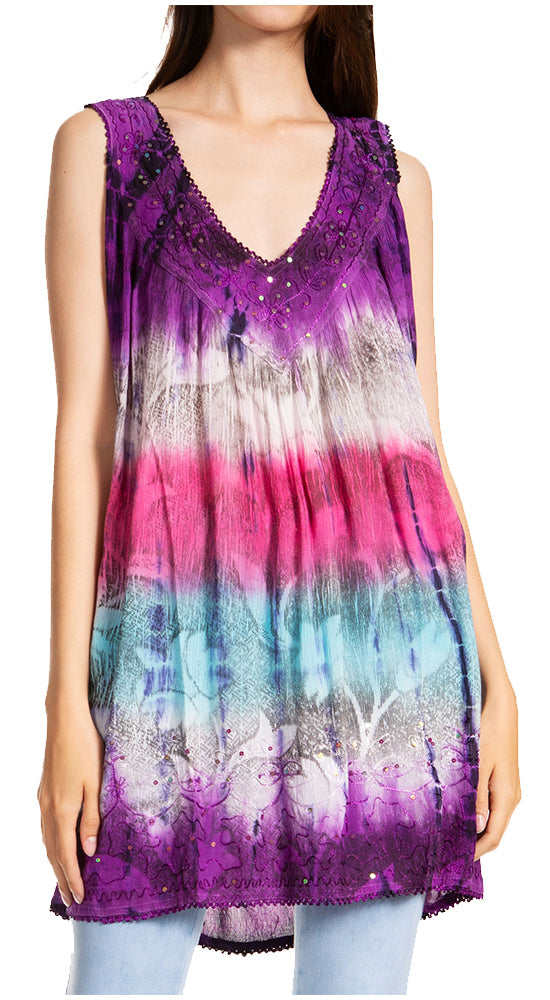 Sakkas - Tie Dye Floral Sequin Sleeveless Blouse