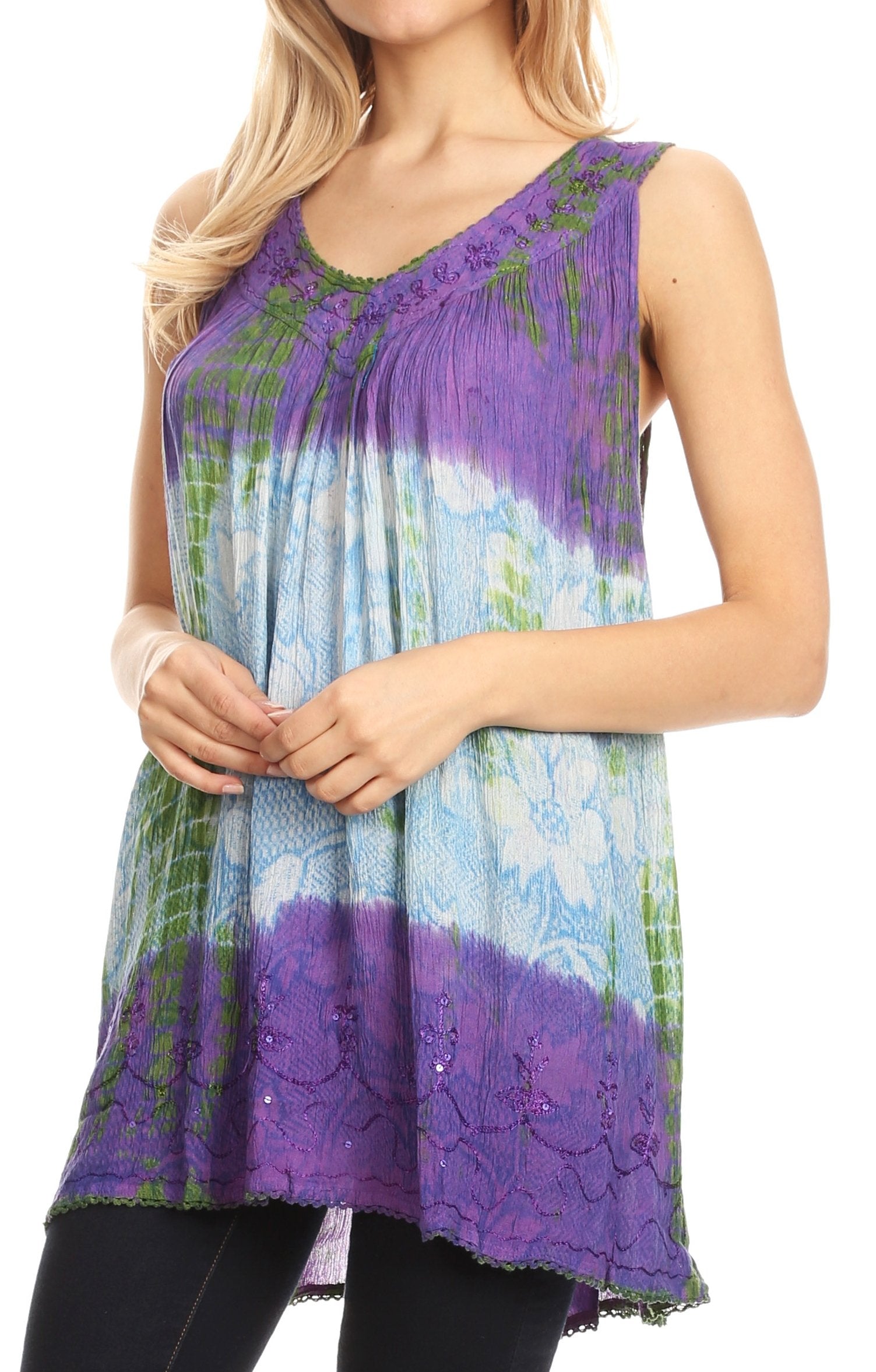 Sakkas - Tie Dye Floral Sequin Sleeveless Blouse
