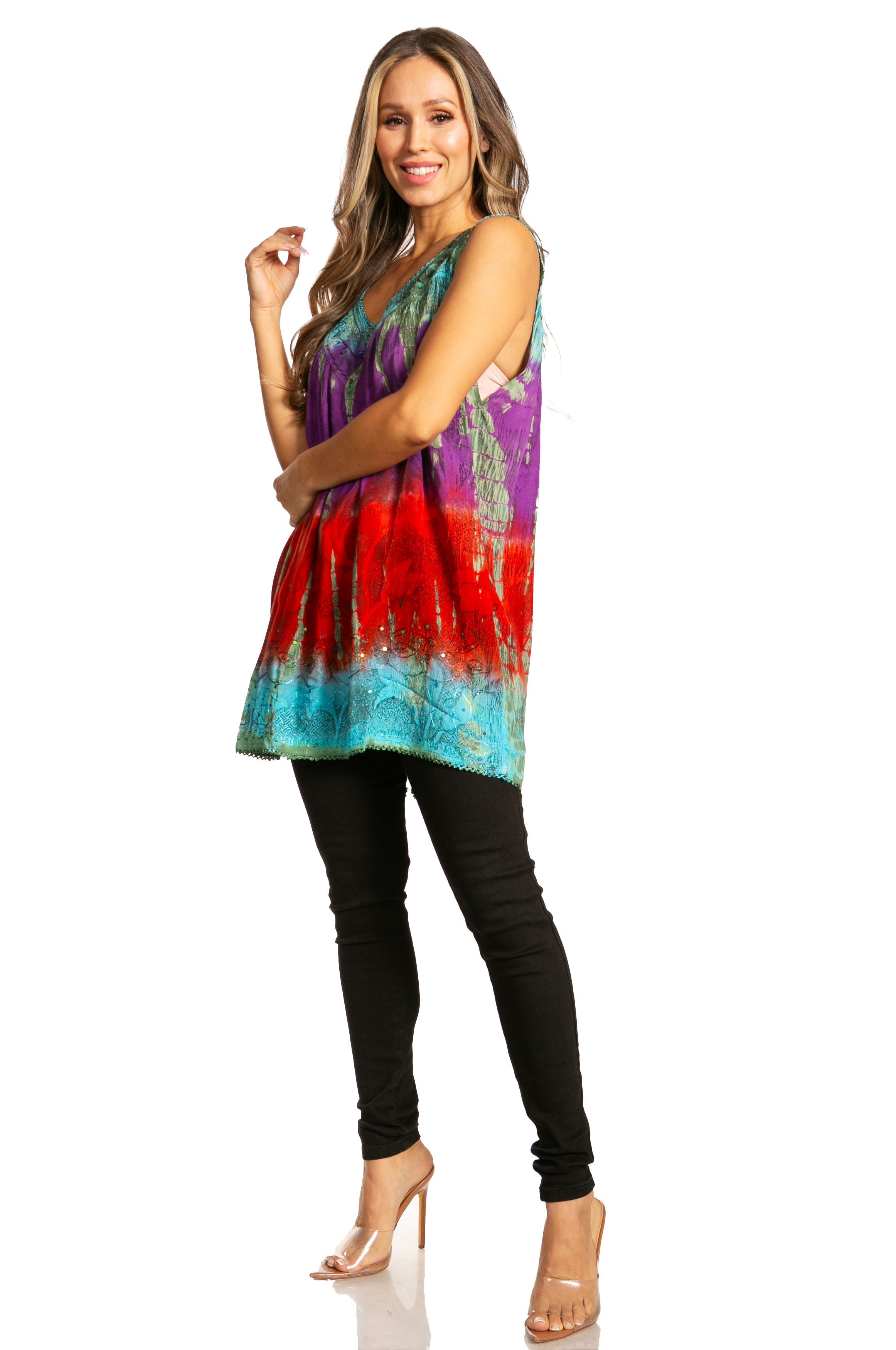 Sakkas - Tie Dye Floral Sequin Sleeveless Blouse