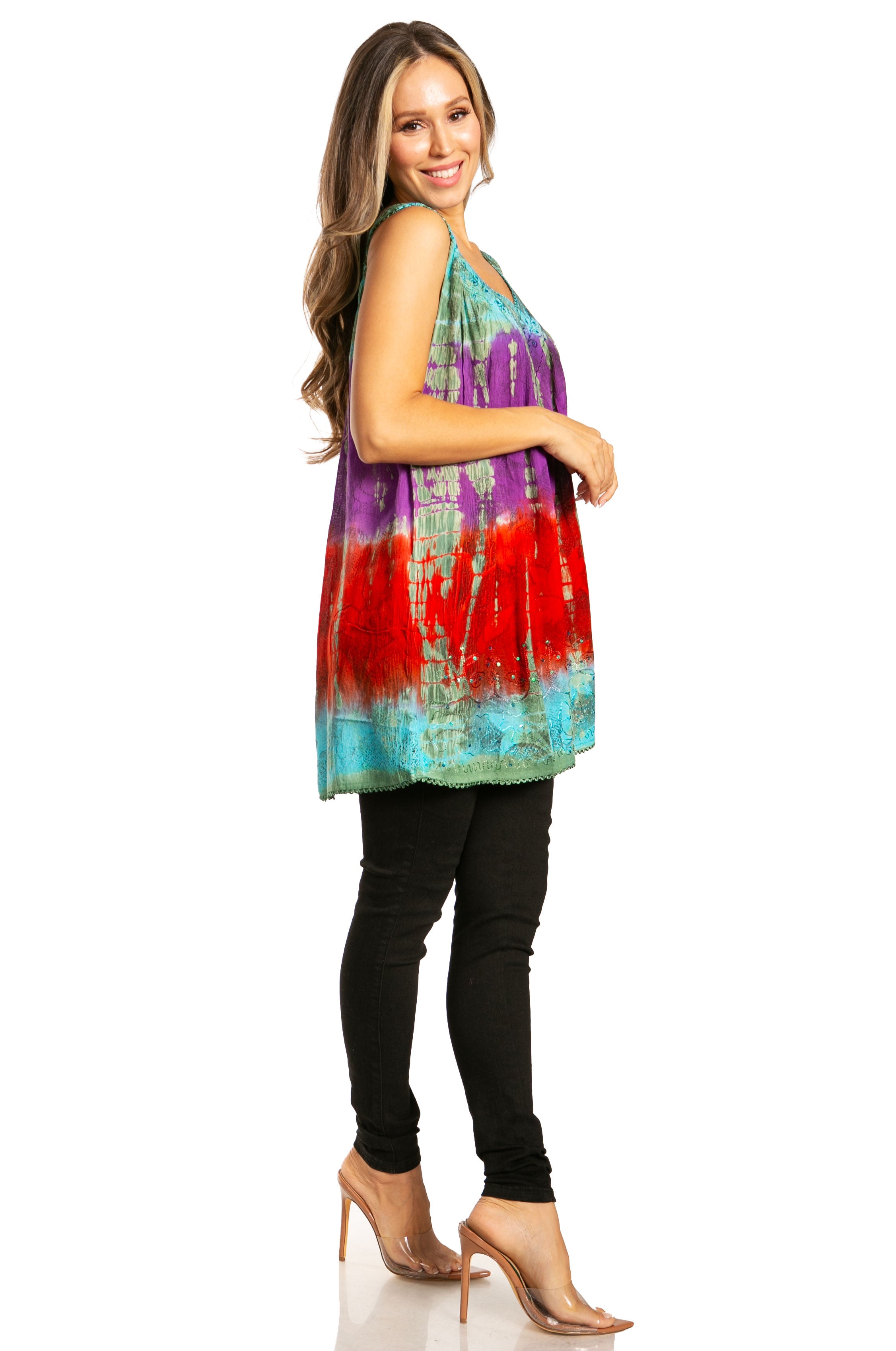 Sakkas - Tie Dye Floral Sequin Sleeveless Blouse