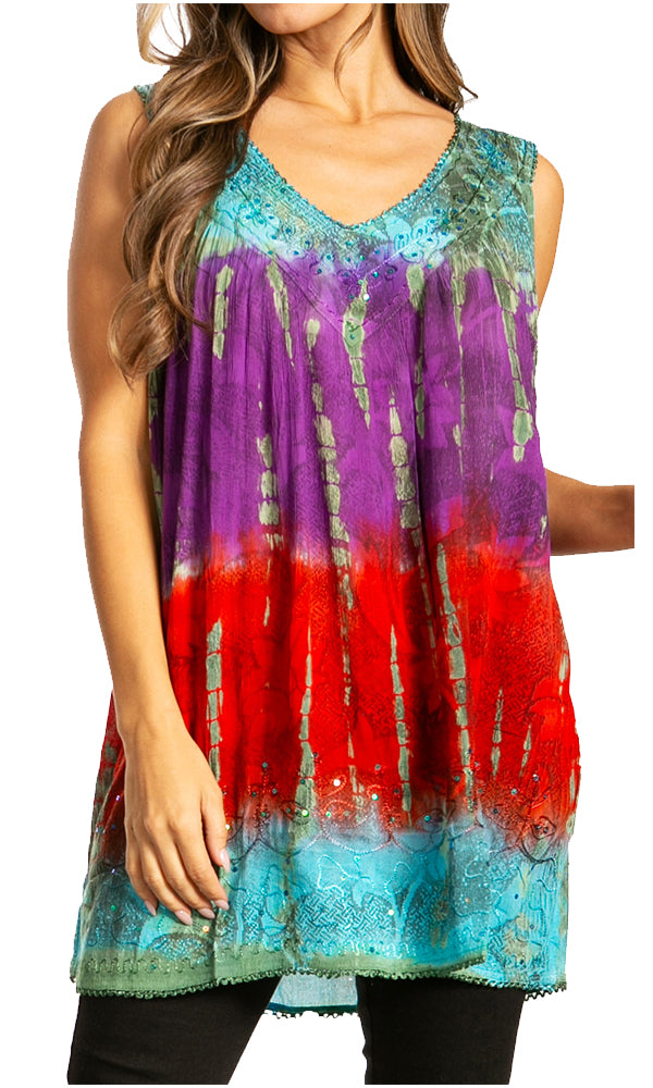 Sakkas - Tie Dye Floral Sequin Sleeveless Blouse