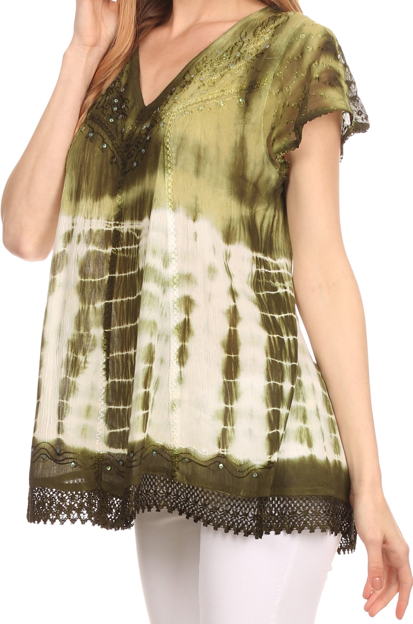 Sakkas - Violet Embroidery Tie Dye Sequin Accents Blouse / Top