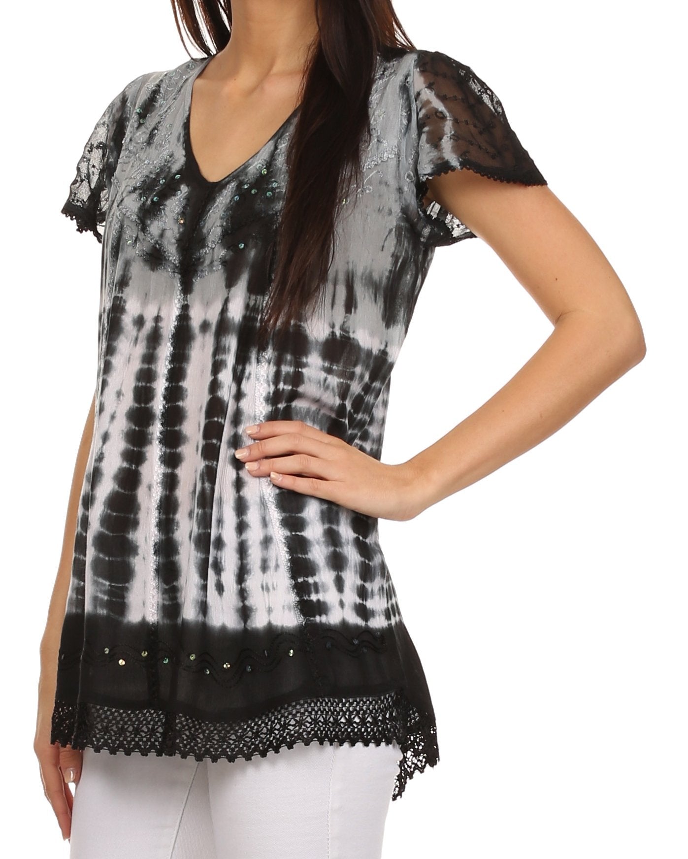 Sakkas - Violet Embroidery Tie Dye Sequin Accents Blouse / Top