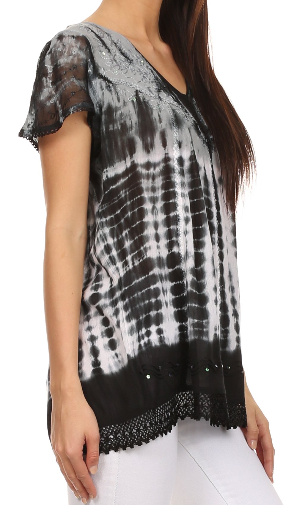 Sakkas - Violet Embroidery Tie Dye Sequin Accents Blouse / Top