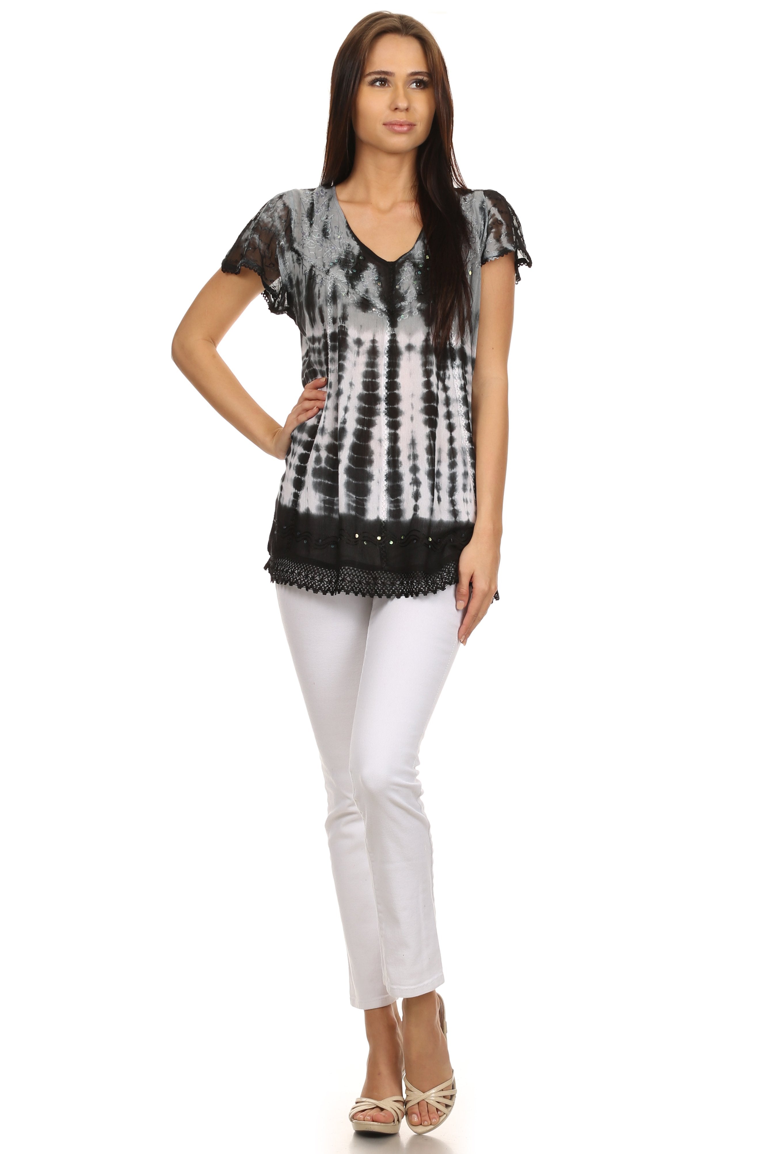 Sakkas - Violet Embroidery Tie Dye Sequin Accents Blouse / Top