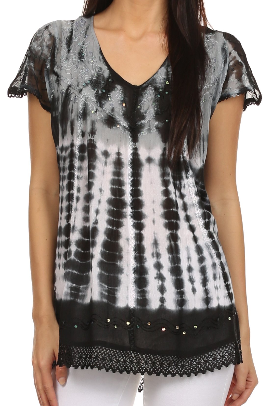 Sakkas - Violet Embroidery Tie Dye Sequin Accents Blouse / Top