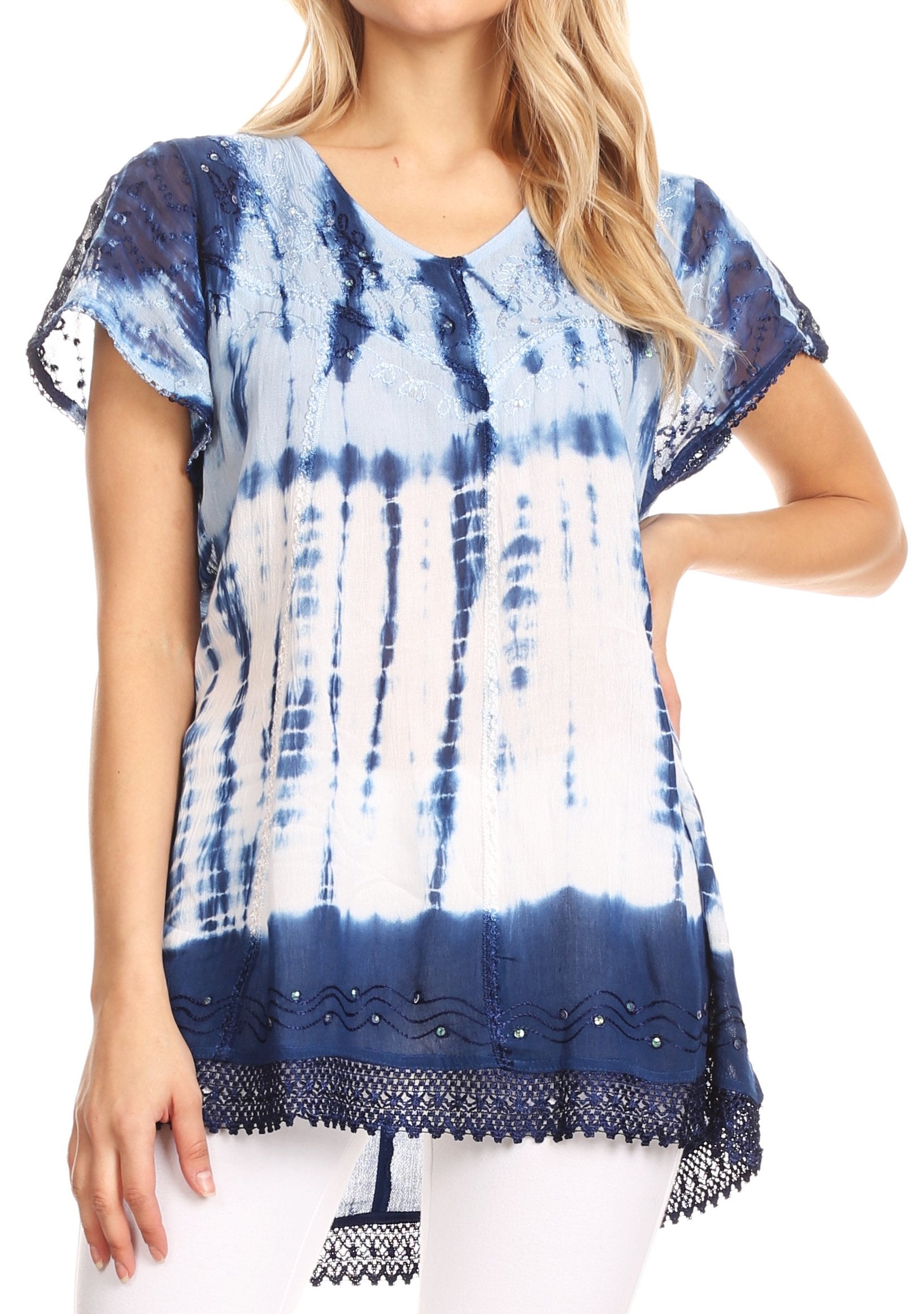 Sakkas - Violet Embroidery Tie Dye Sequin Accents Blouse / Top