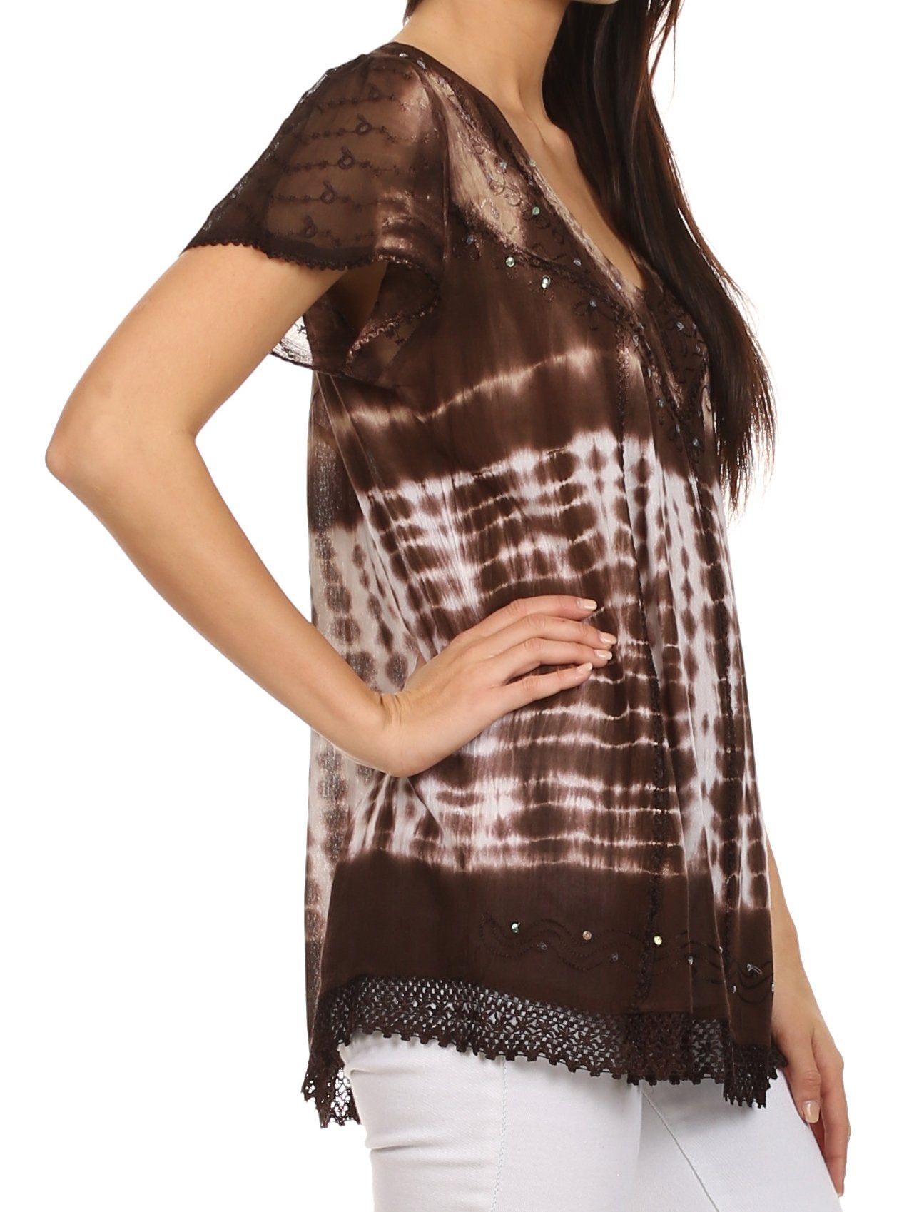 Sakkas - Violet Embroidery Tie Dye Sequin Accents Blouse / Top