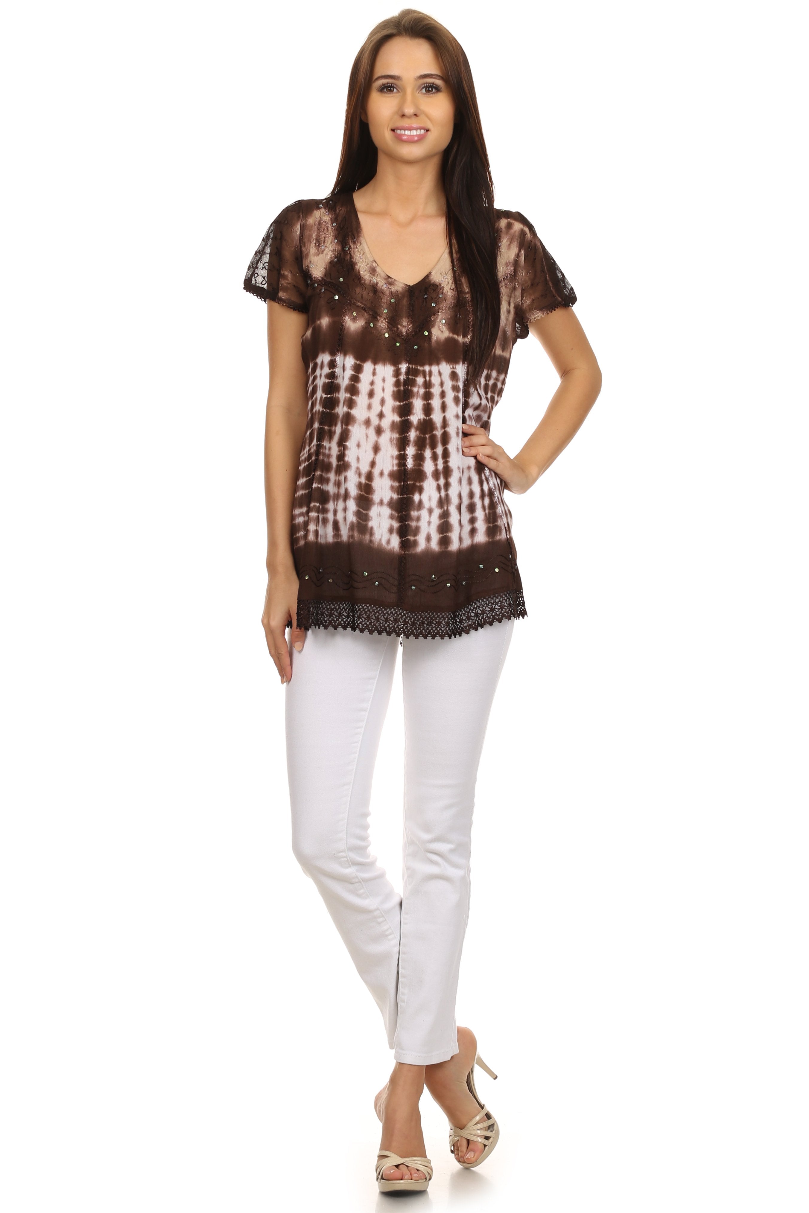 Sakkas - Violet Embroidery Tie Dye Sequin Accents Blouse / Top