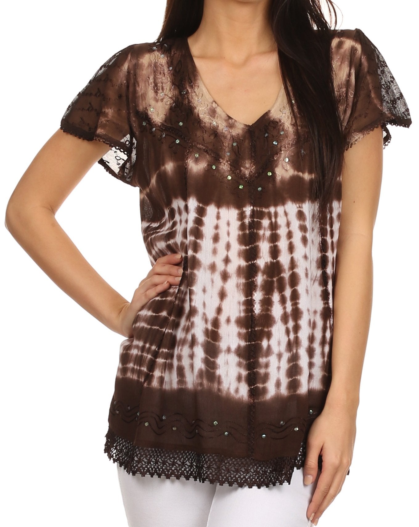 Sakkas - Violet Embroidery Tie Dye Sequin Accents Blouse / Top