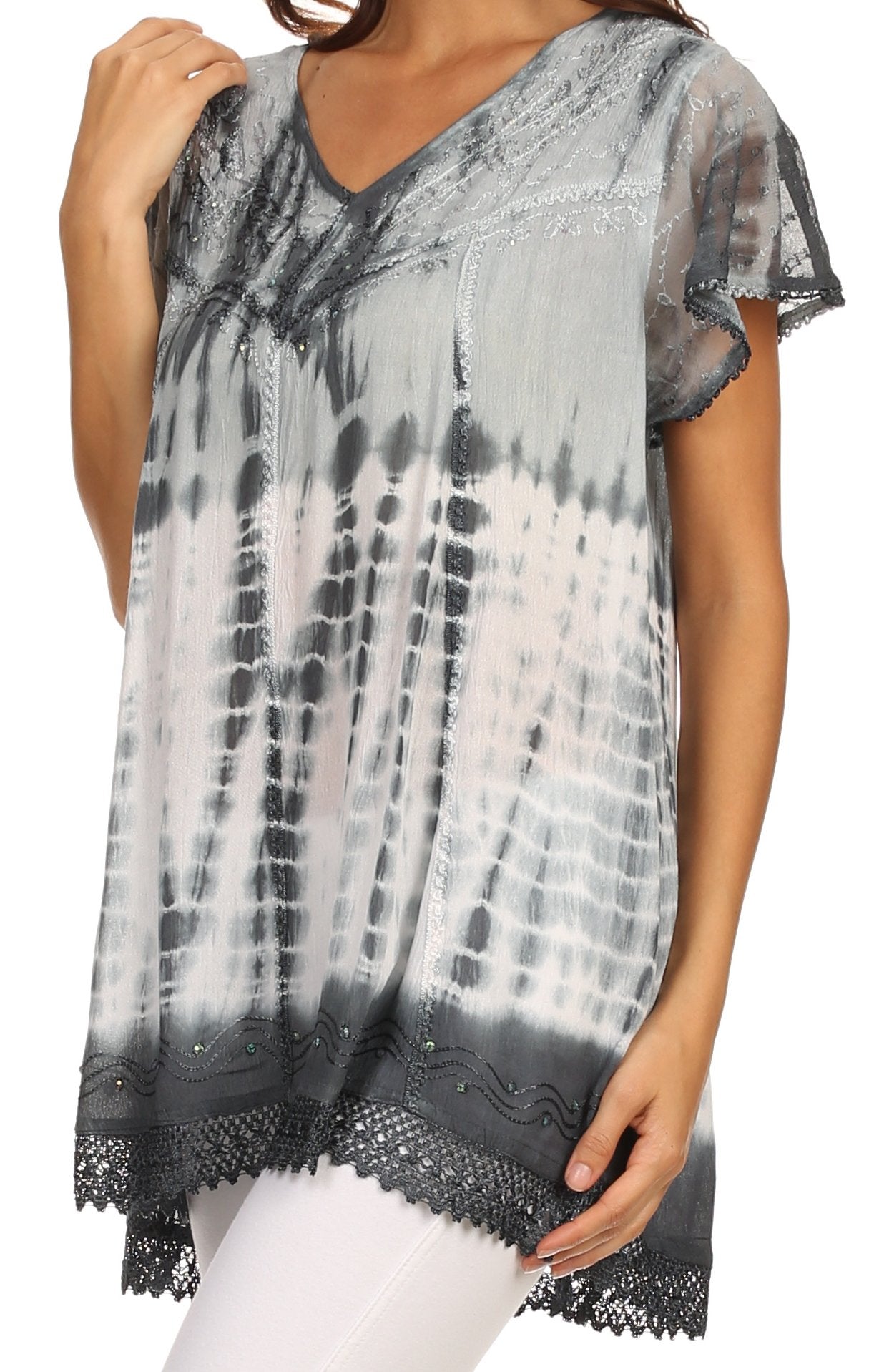 Sakkas - Violet Embroidery Tie Dye Sequin Accents Blouse / Top