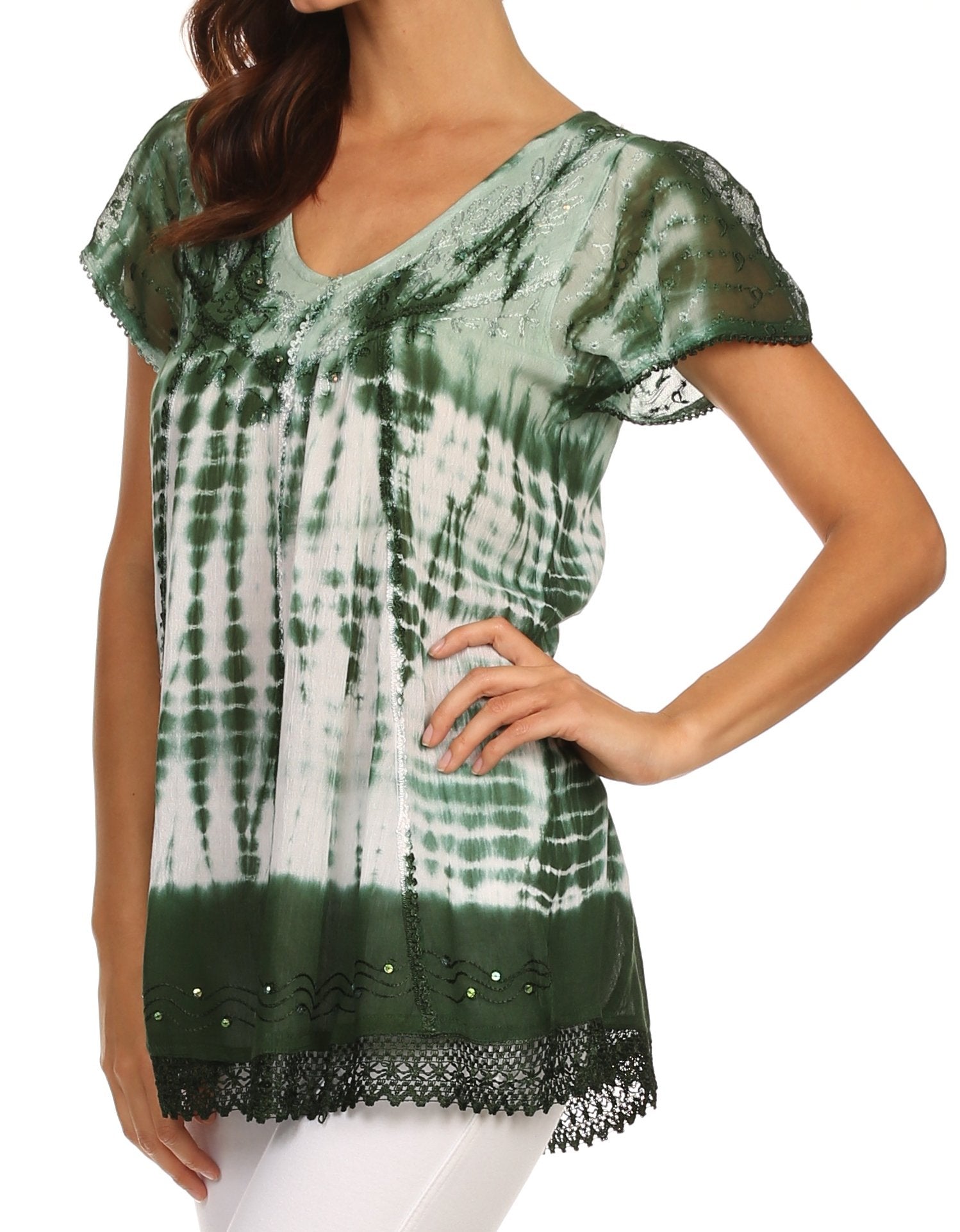 Sakkas - Violet Embroidery Tie Dye Sequin Accents Blouse / Top