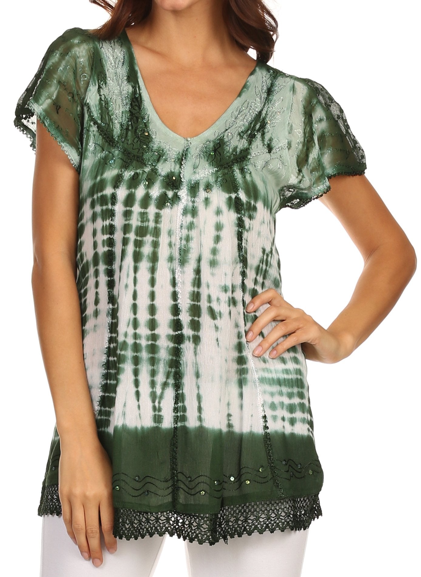 Sakkas - Violet Embroidery Tie Dye Sequin Accents Blouse / Top
