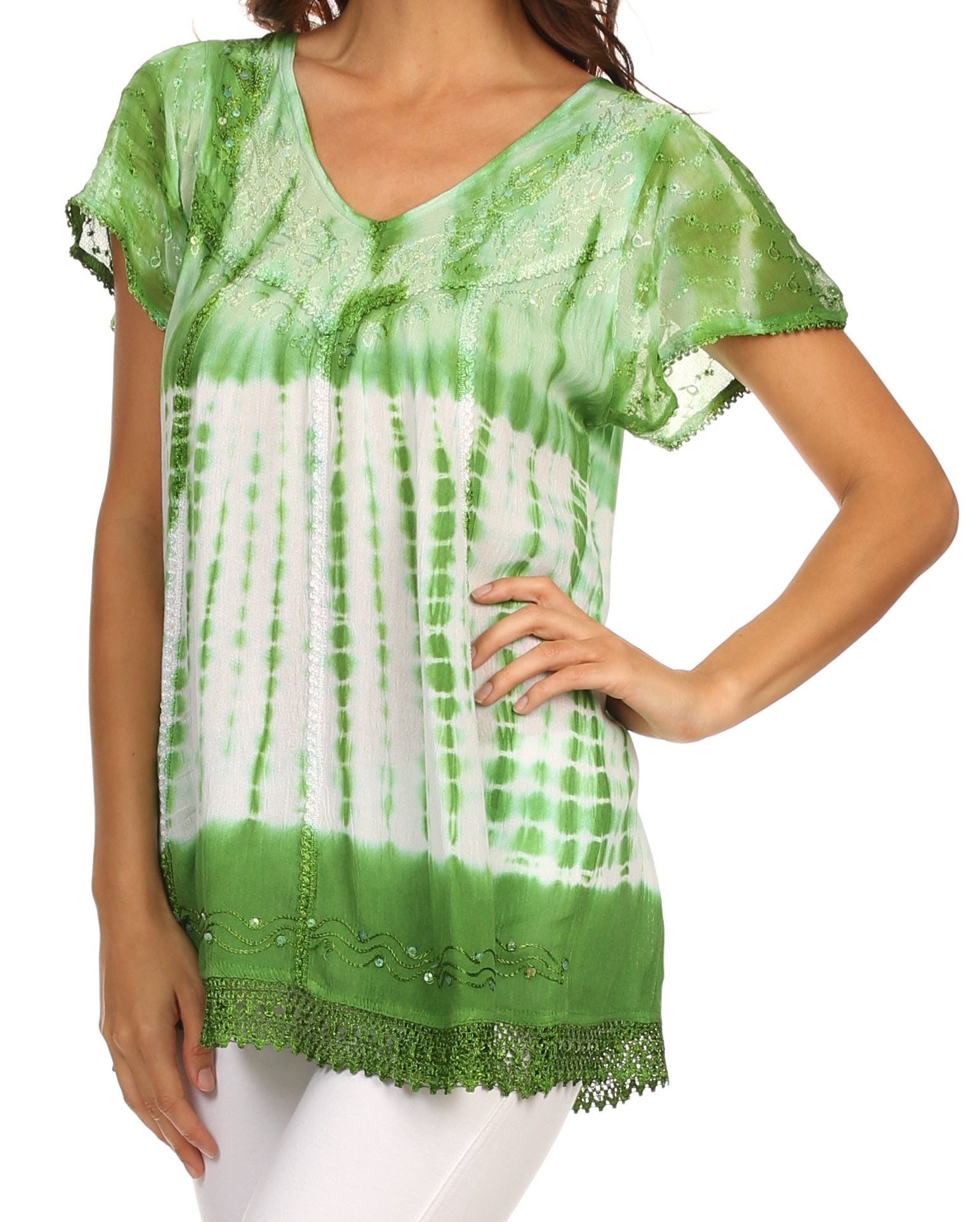 Sakkas - Violet Embroidery Tie Dye Sequin Accents Blouse / Top