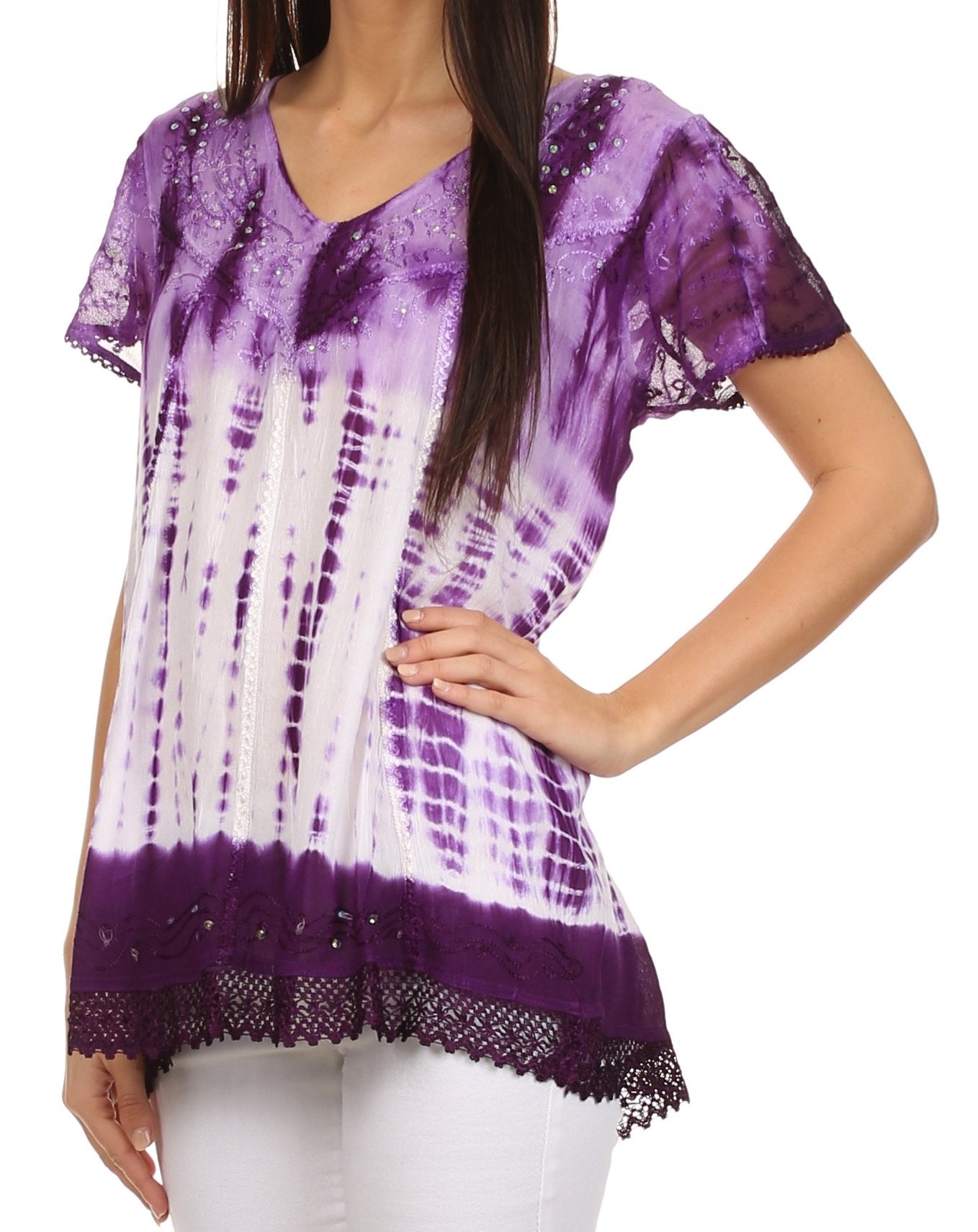 Sakkas - Violet Embroidery Tie Dye Sequin Accents Blouse / Top