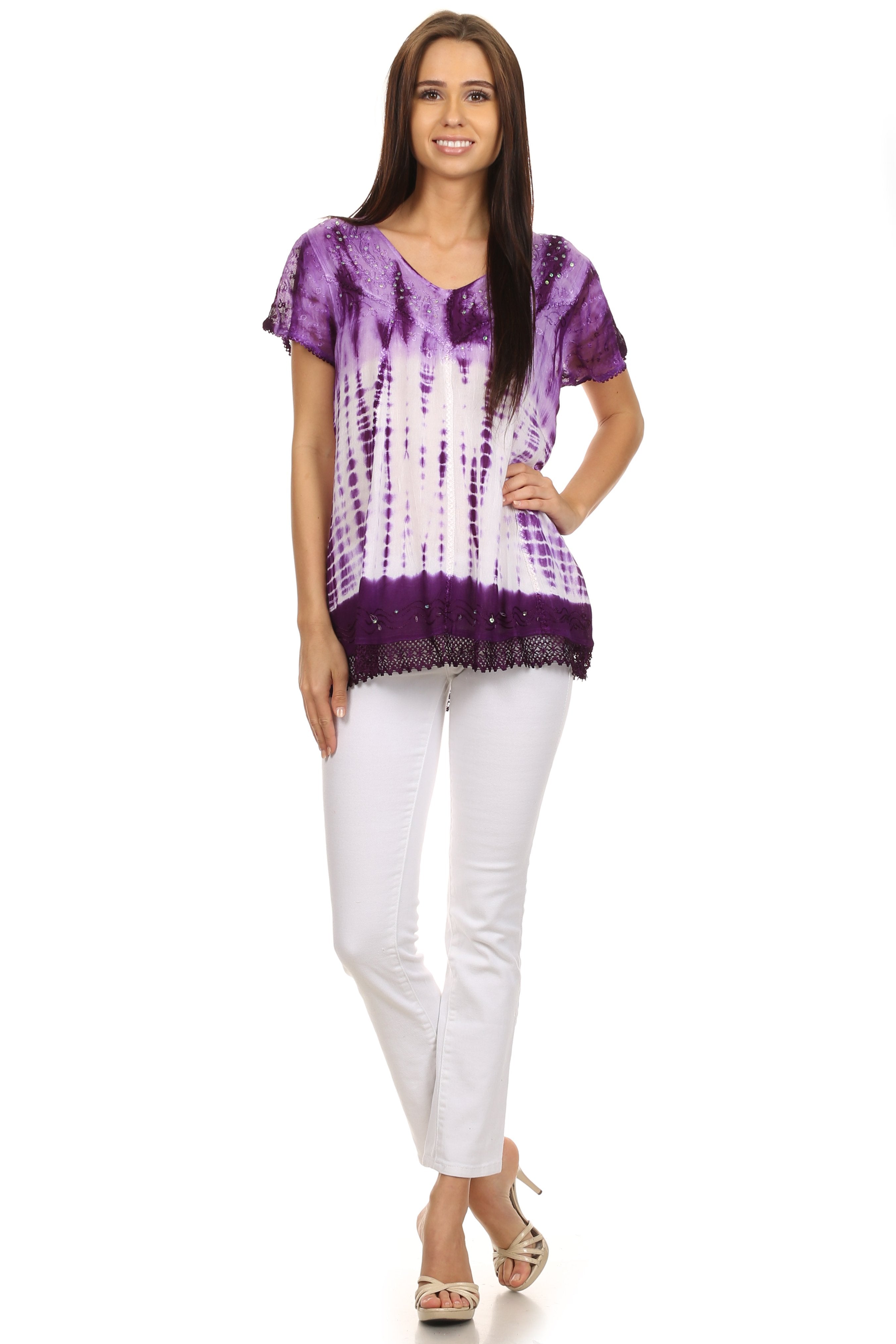 Sakkas - Violet Embroidery Tie Dye Sequin Accents Blouse / Top