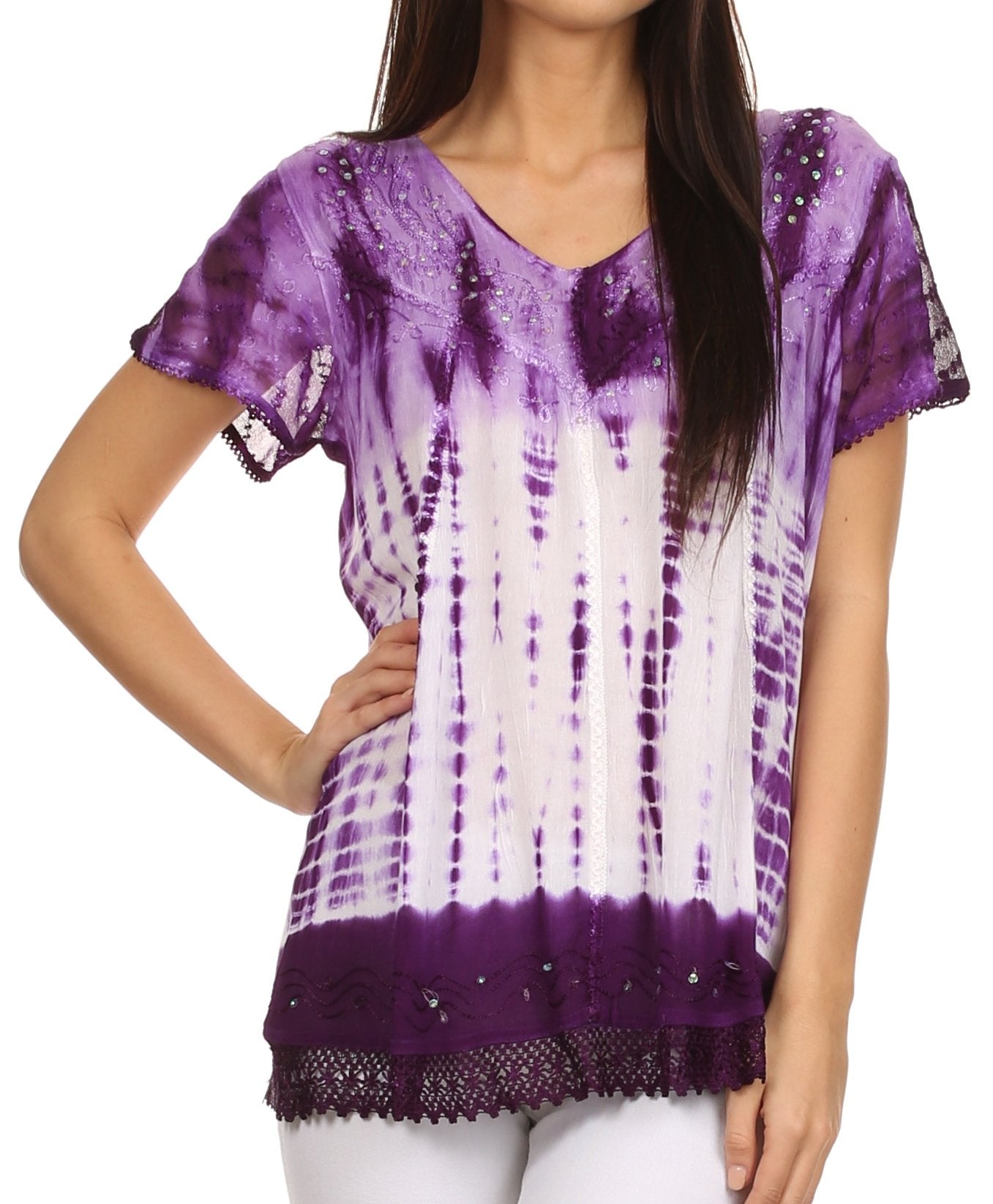 Sakkas - Violet Embroidery Tie Dye Sequin Accents Blouse / Top