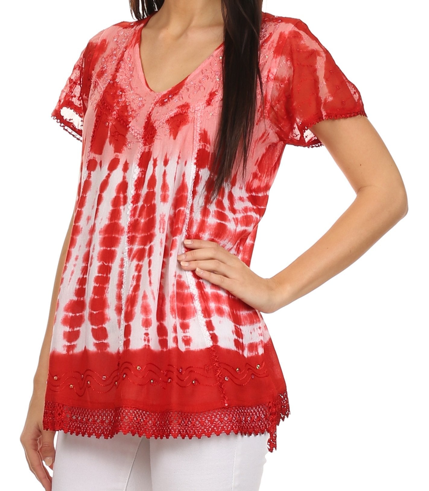 Sakkas - Violet Embroidery Tie Dye Sequin Accents Blouse / Top