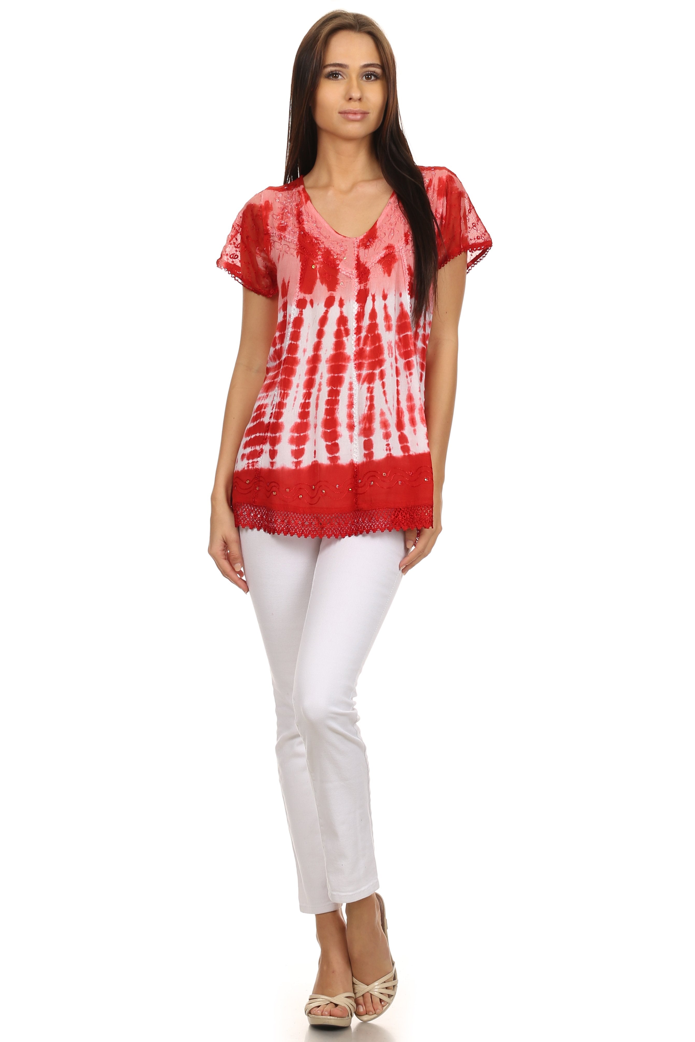Sakkas - Violet Embroidery Tie Dye Sequin Accents Blouse / Top