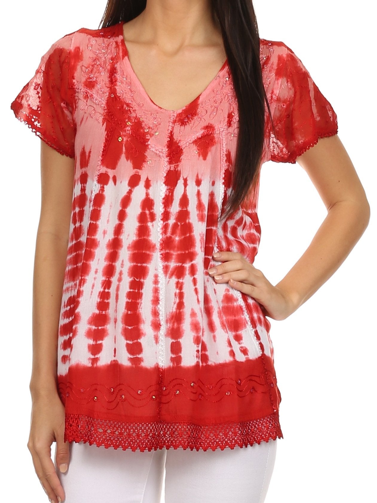 Sakkas - Violet Embroidery Tie Dye Sequin Accents Blouse / Top