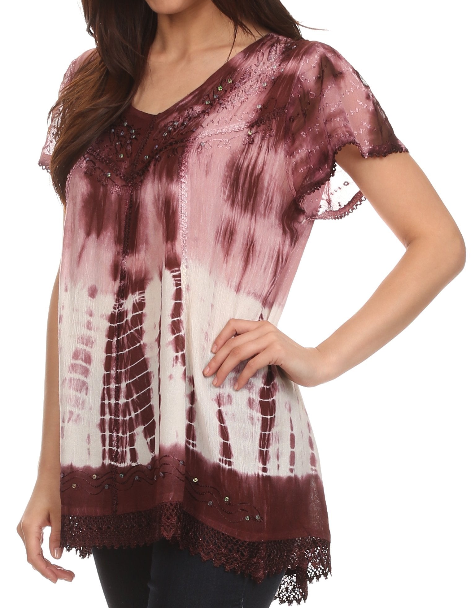 Sakkas - Violet Embroidery Tie Dye Sequin Accents Blouse / Top