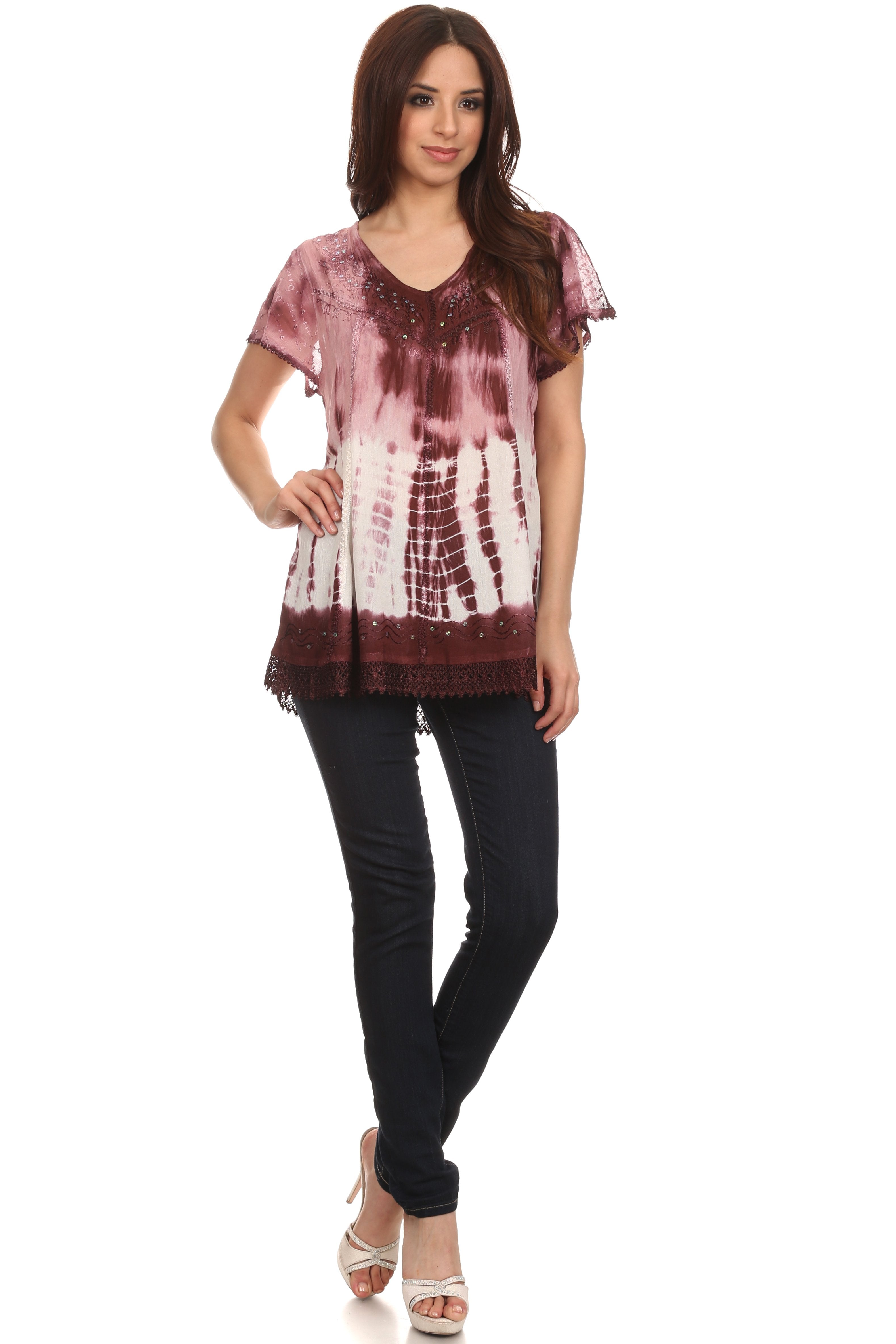 Sakkas - Violet Embroidery Tie Dye Sequin Accents Blouse / Top