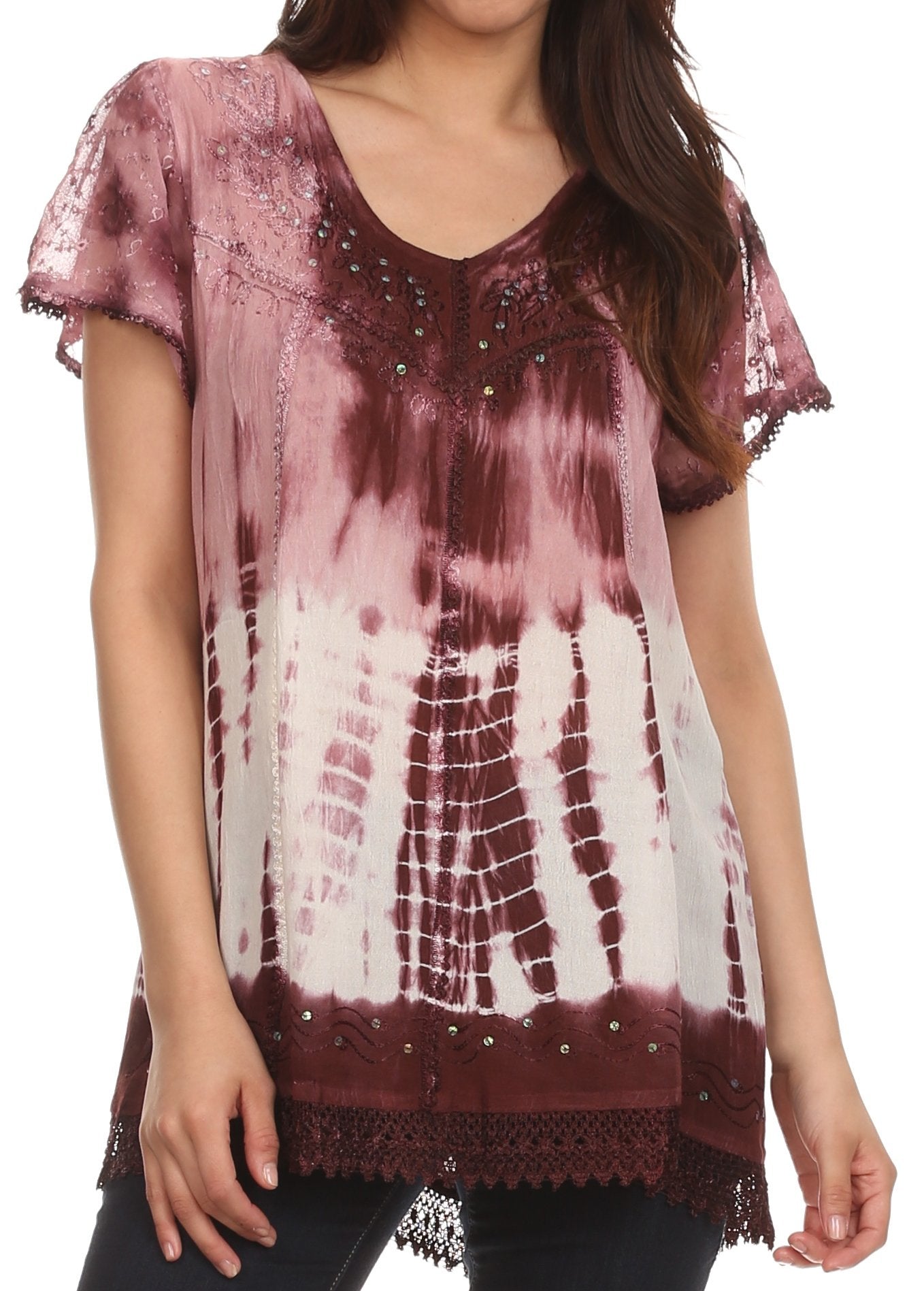 Sakkas - Violet Embroidery Tie Dye Sequin Accents Blouse / Top