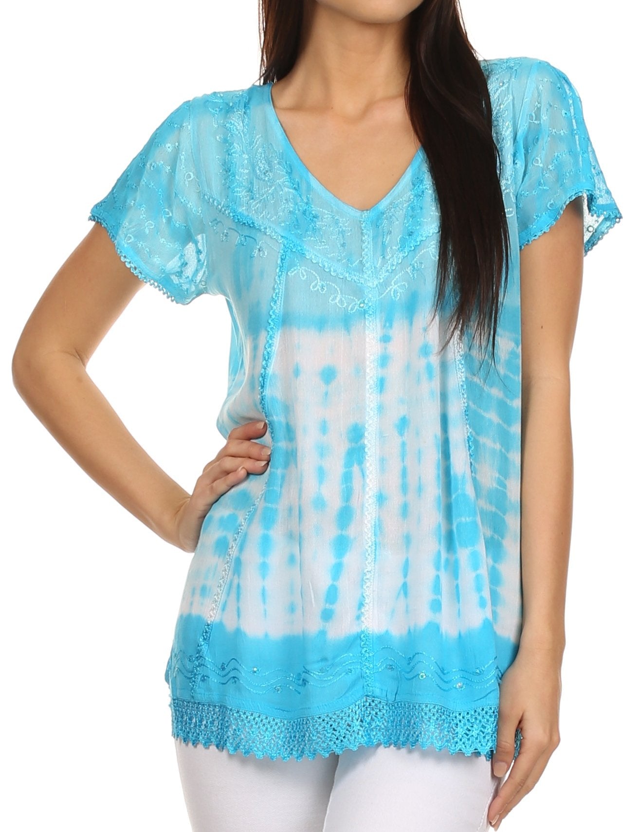 Sakkas - Violet Embroidery Tie Dye Sequin Accents Blouse / Top