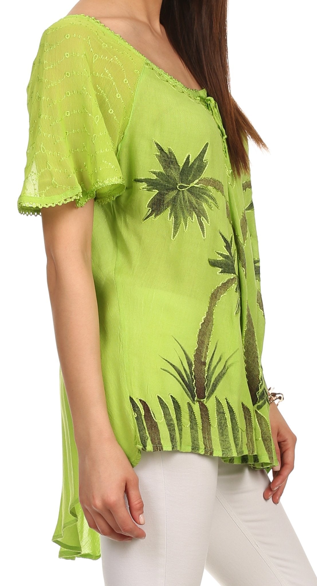 Sakkas - Albina Island Relaxed Fit Embroidery Cap Sleeves Blouse