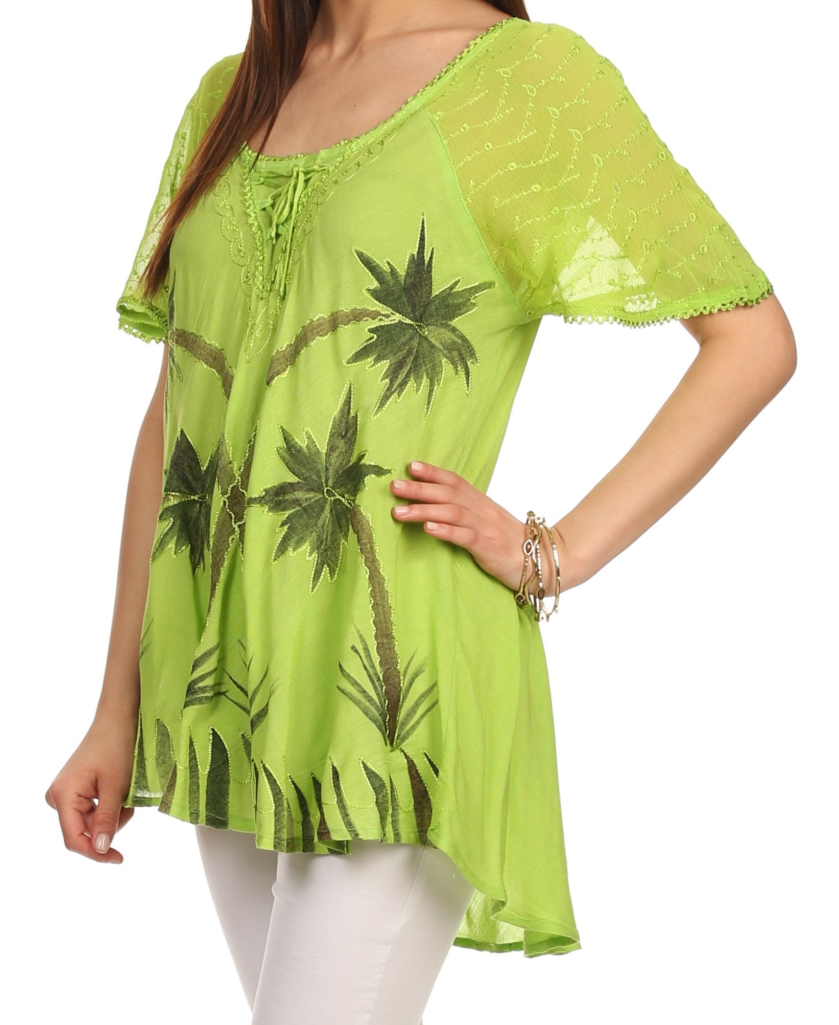 Sakkas - Albina Island Relaxed Fit Embroidery Cap Sleeves Blouse