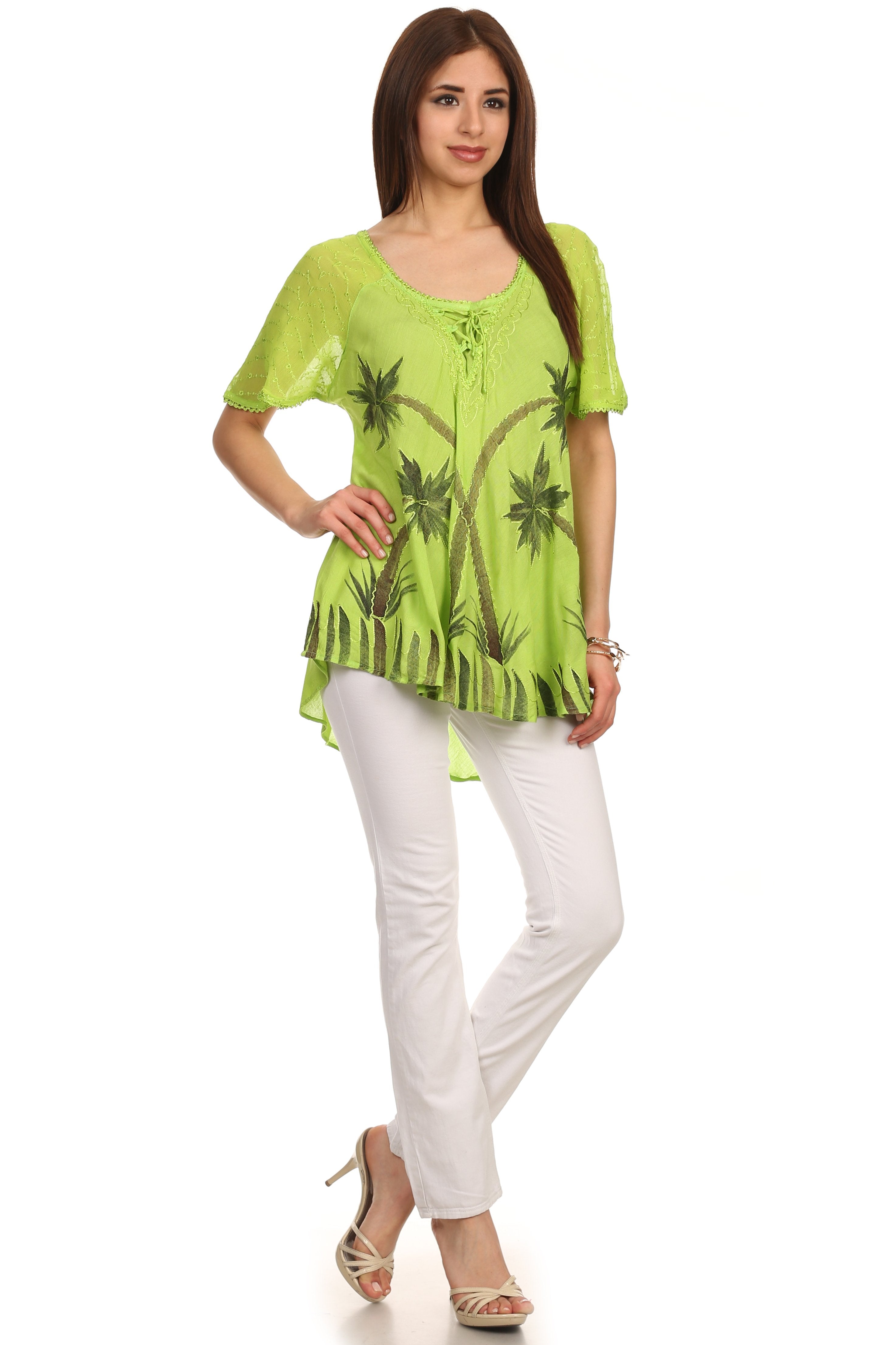 Sakkas - Albina Island Relaxed Fit Embroidery Cap Sleeves Blouse