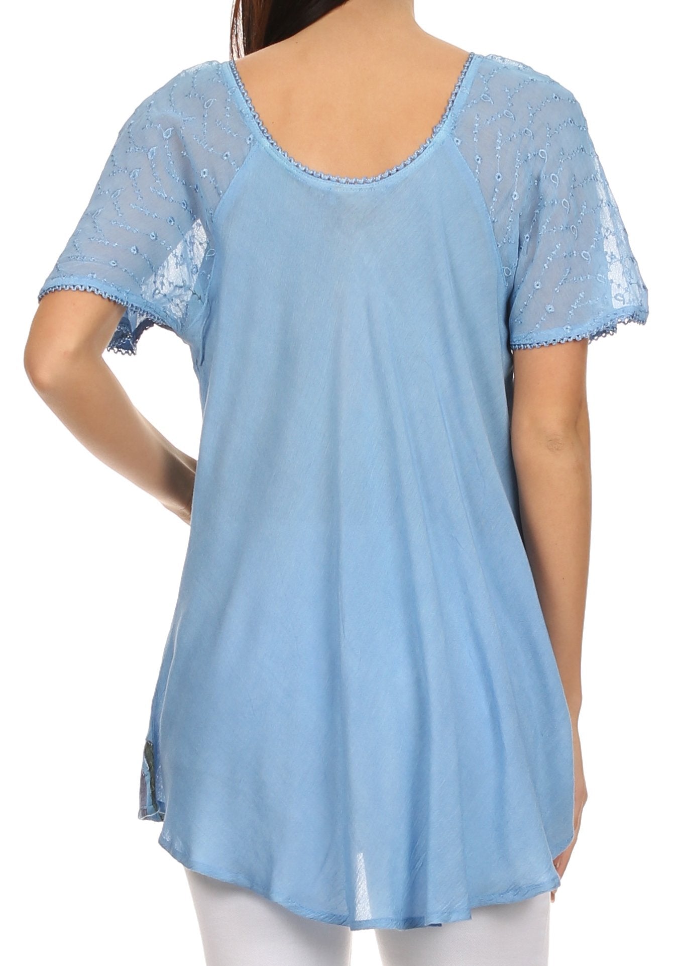 Sakkas - Albina Island Relaxed Fit Embroidery Cap Sleeves Blouse